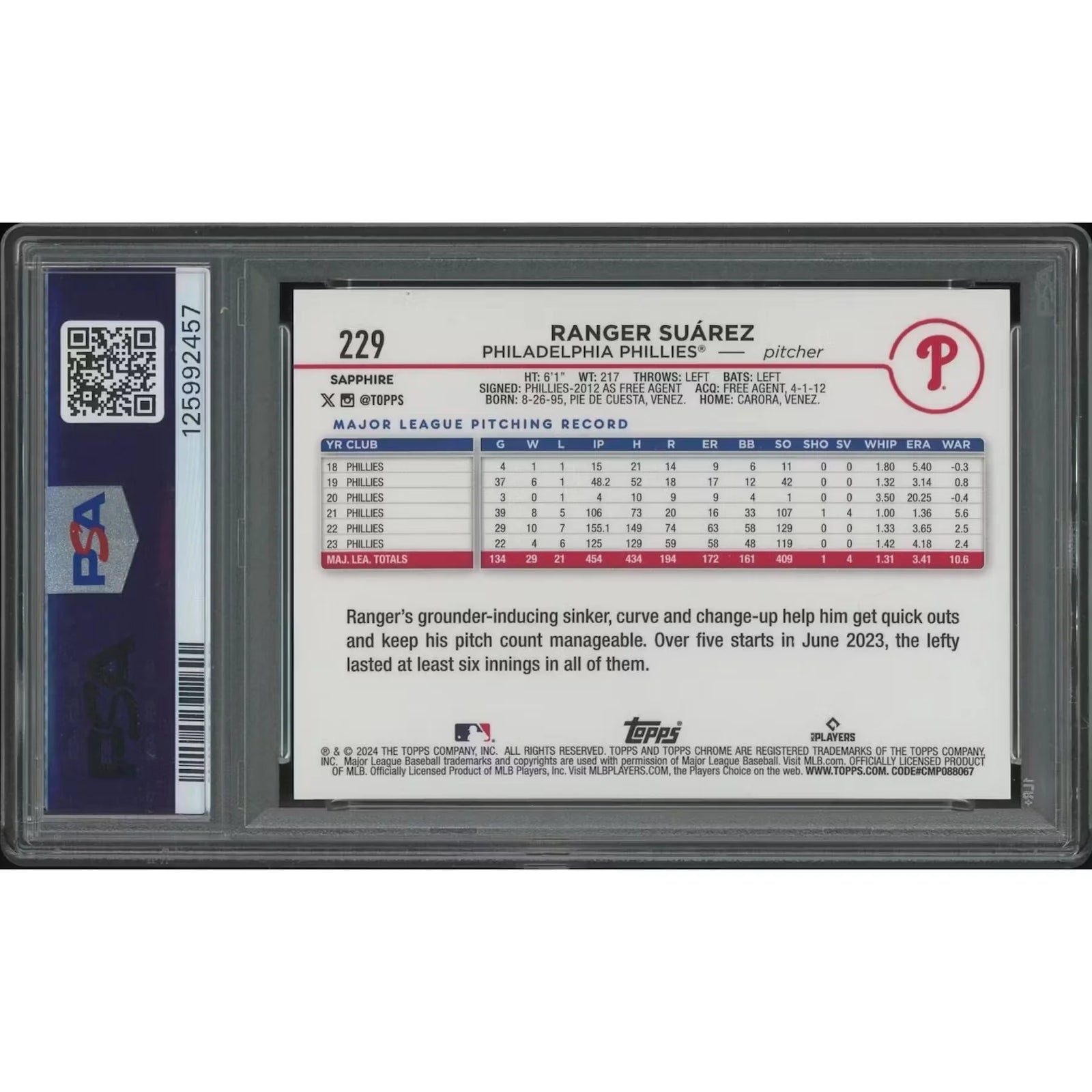 Ranger Suarez 2024 Topps Chrome Sapphire Superfractor #1/1 | PSA 9 Mint