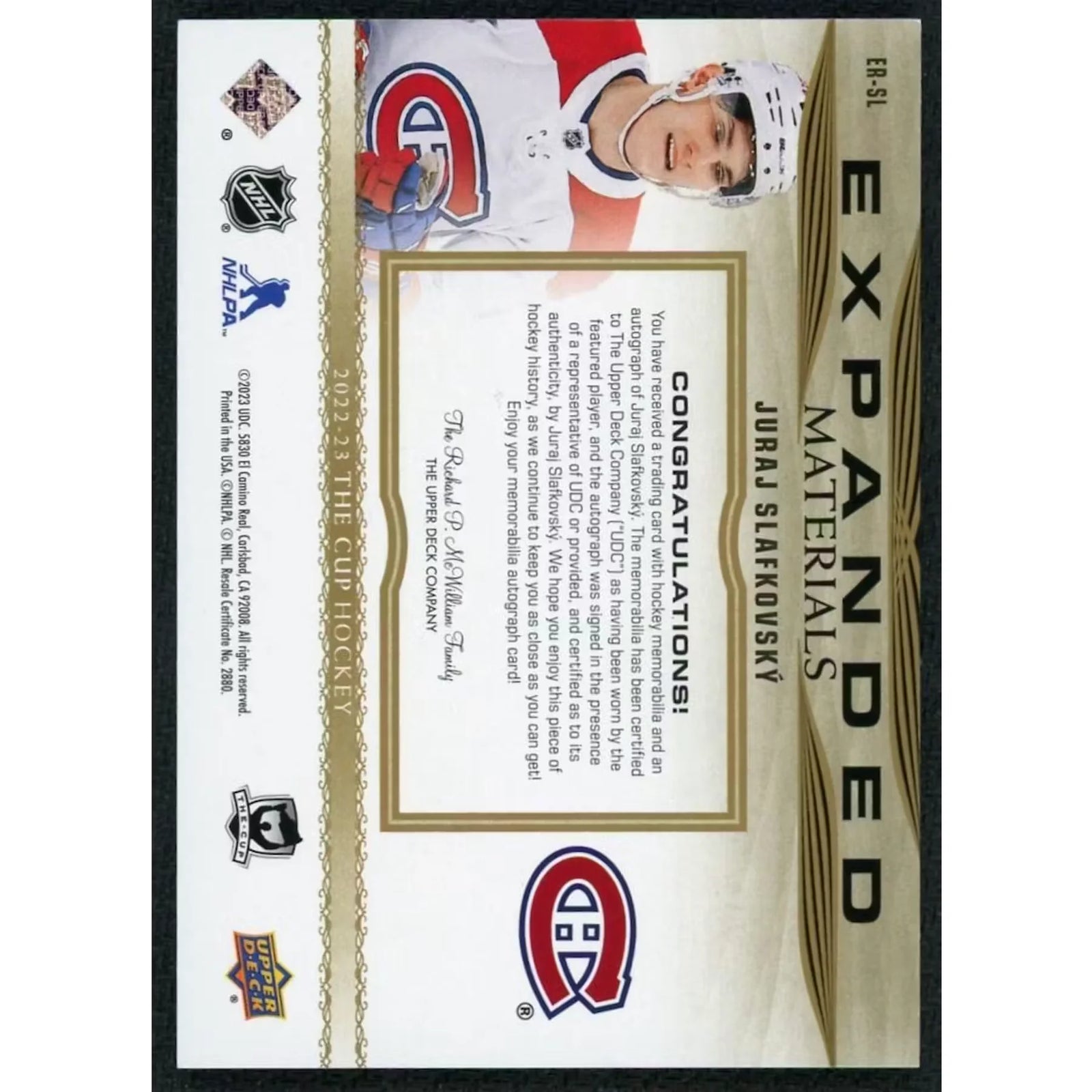 Juraj Slafkovsky Signed 2022-23 UD The Cup Rookie Card | Auto Patch/49