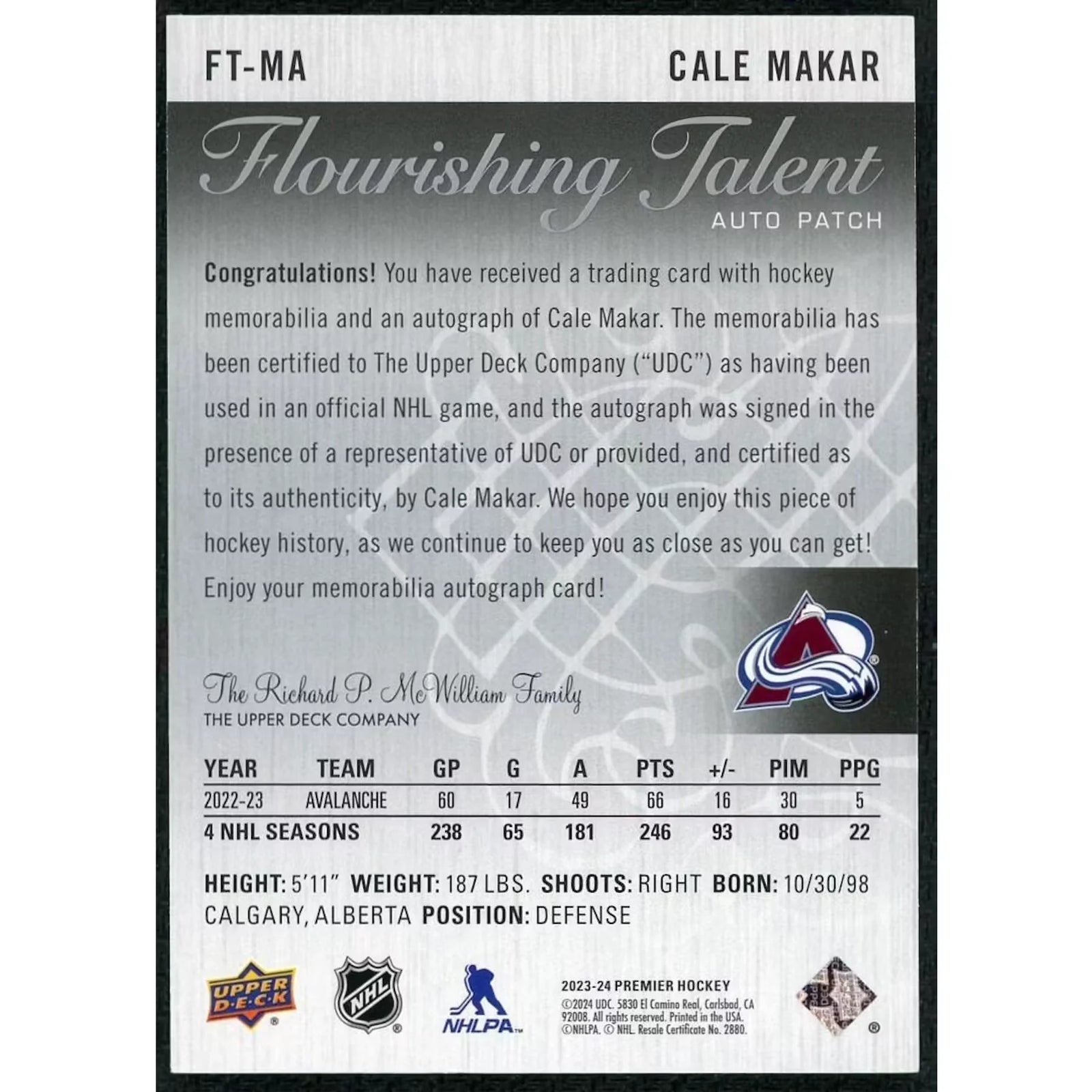 Cale Makar Signed Upper Deck Premier Patch Auto | 2023-24 Flourishing Talent/25
