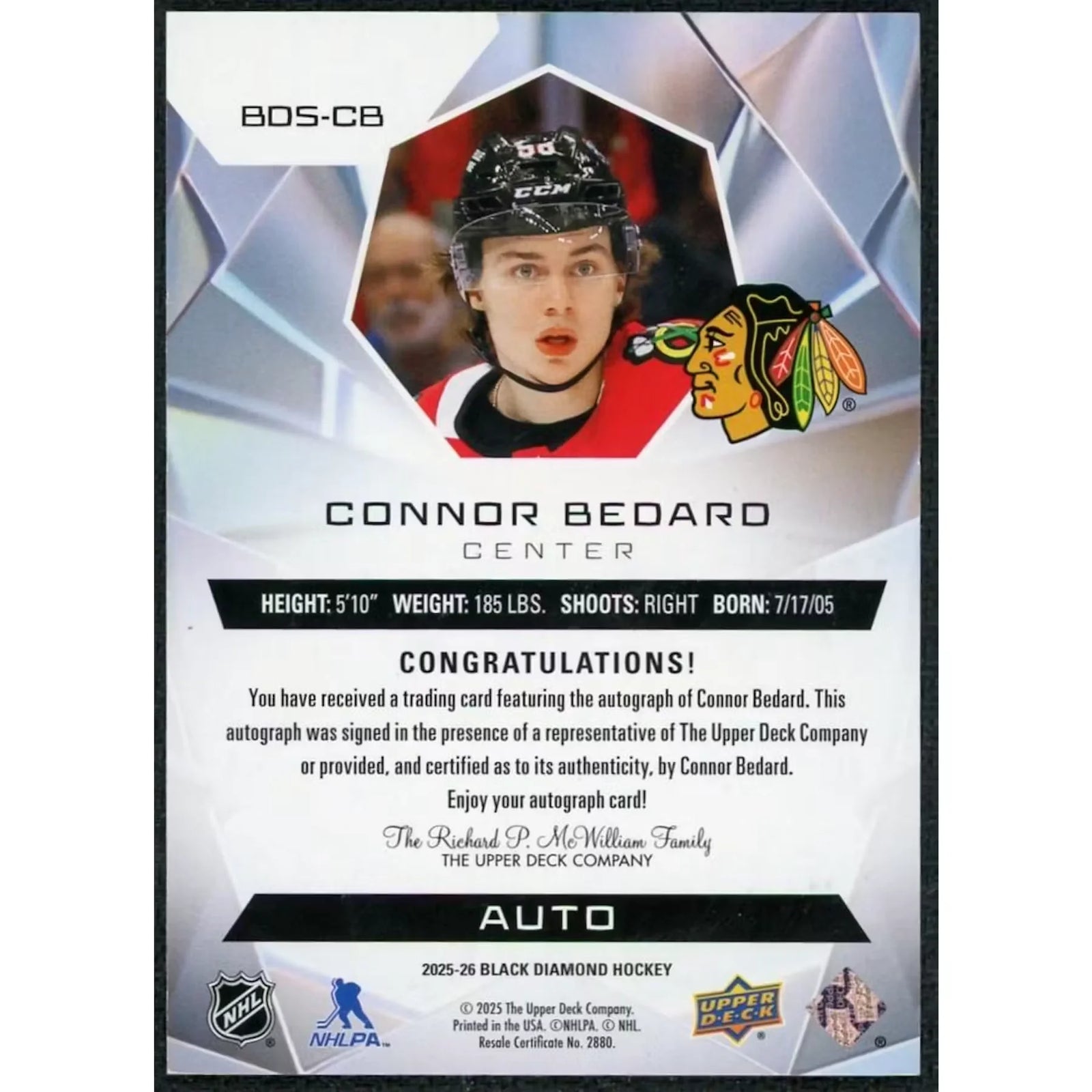 Connor Bedard Signed Black Diamond Diamond Stars Card | 2025-26 Upper Deck Auto/15