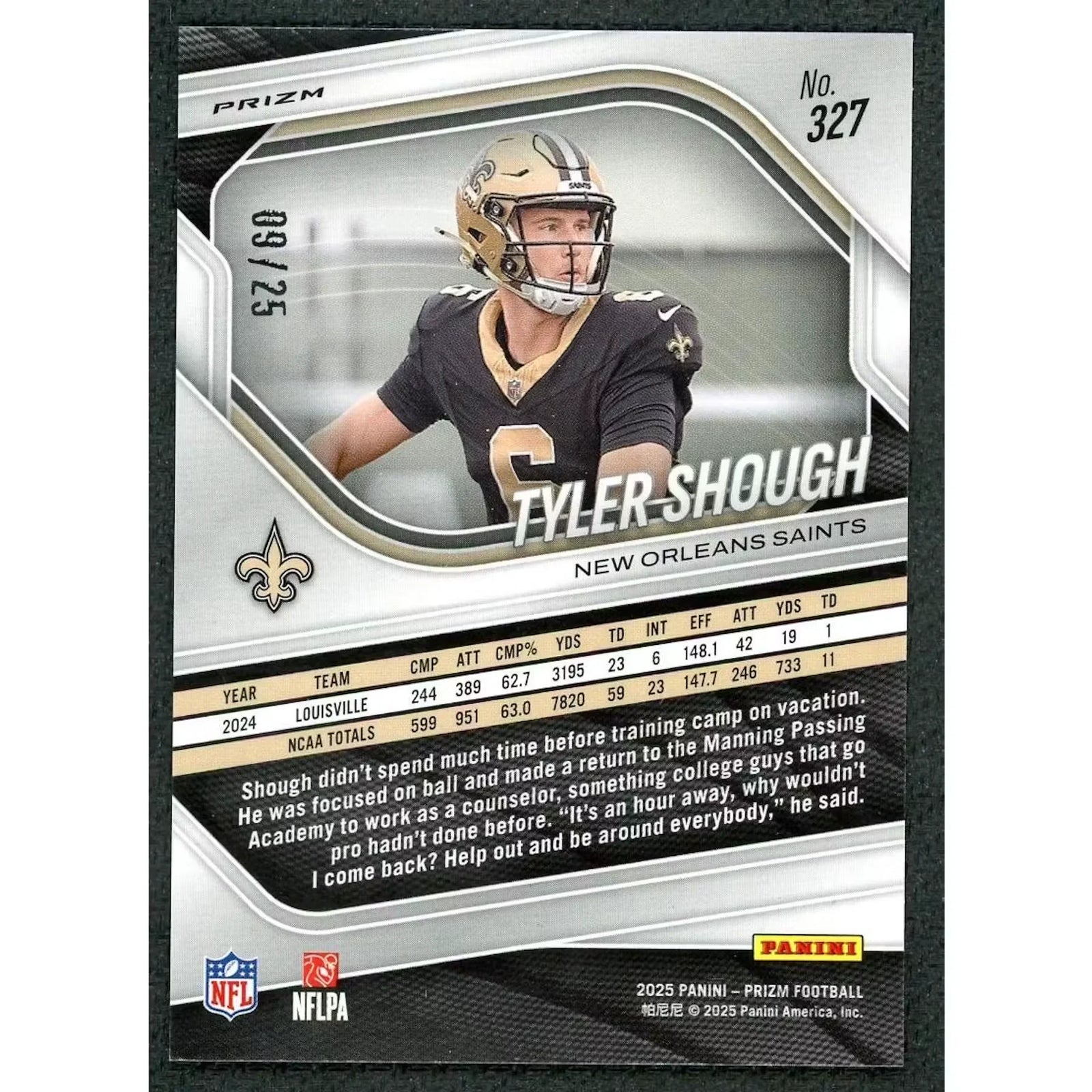 Tyler Shough 2025 Panini Prizm No Huddle Pink Rookie Card | #327/25