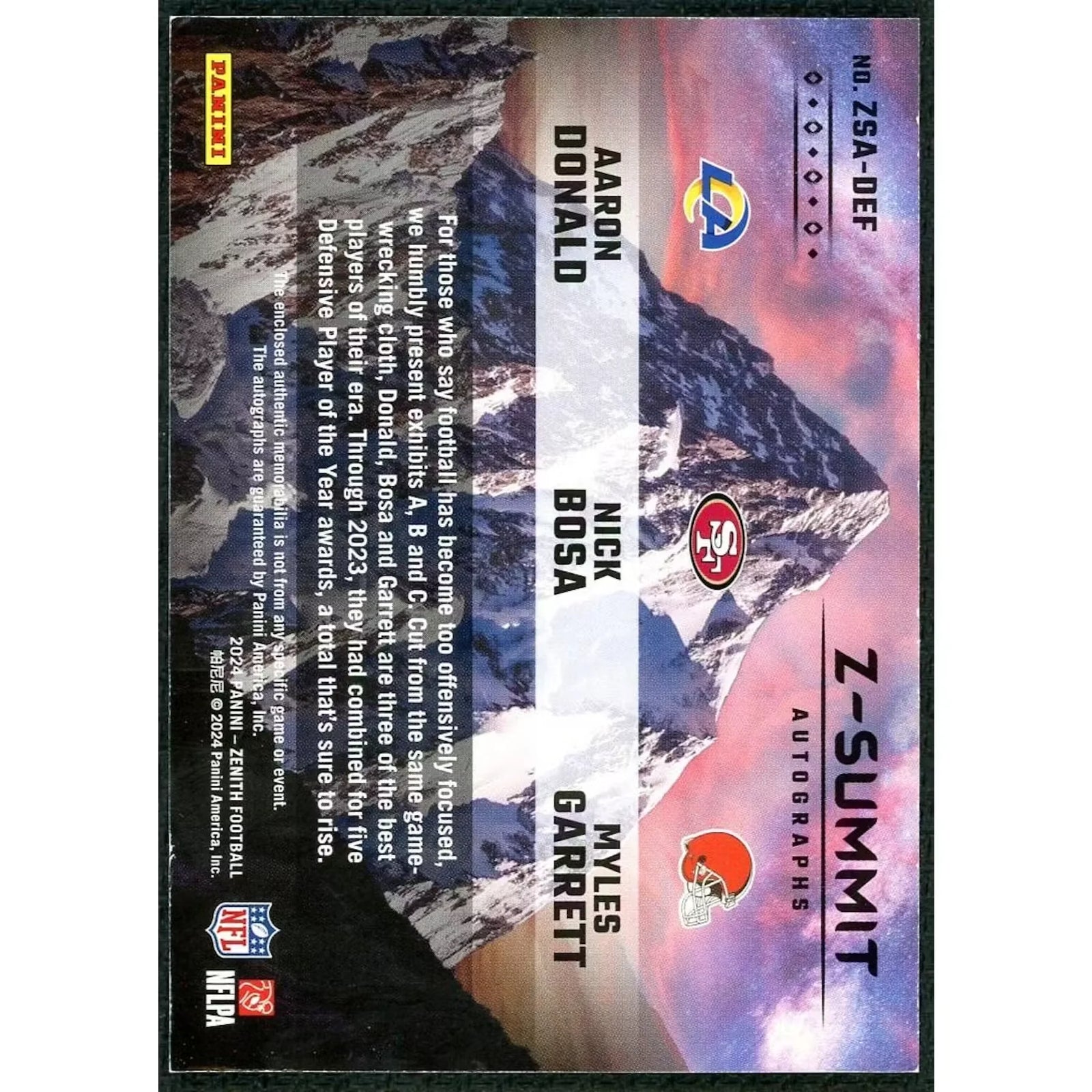 Aaron Donald, Nick Bosa, Myles Garrett Signed 2024 Panini Zenith Triple Patch Auto | Z Sum