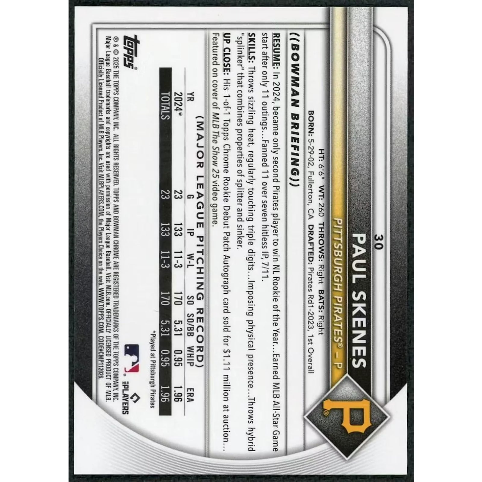 Paul Skenes 2025 Bowman Chrome Black Geometric Refractor | #30/10