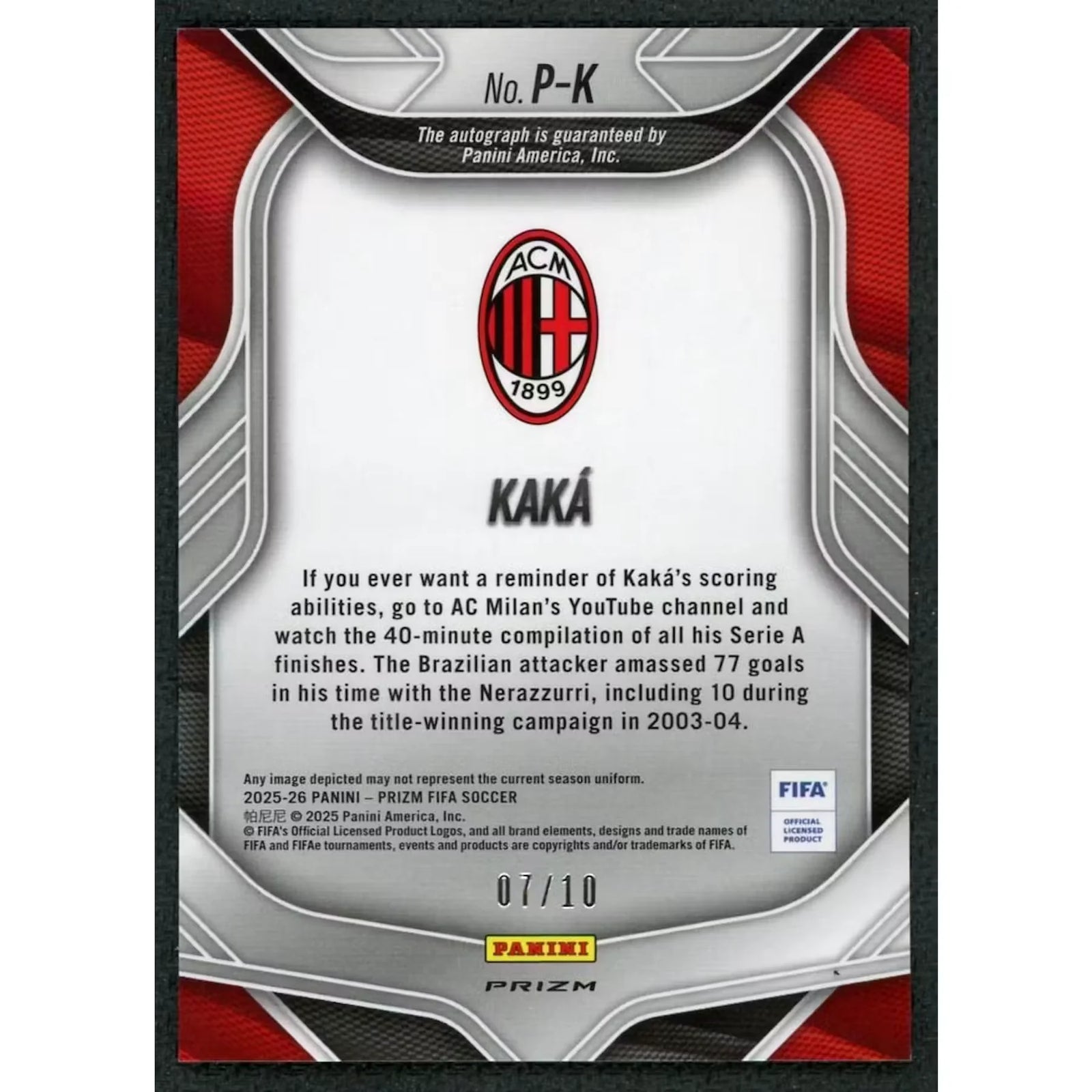 Kaka Signed 2025-26 Panini Prizm FIFA Card | Penmanship Auto Purple/10