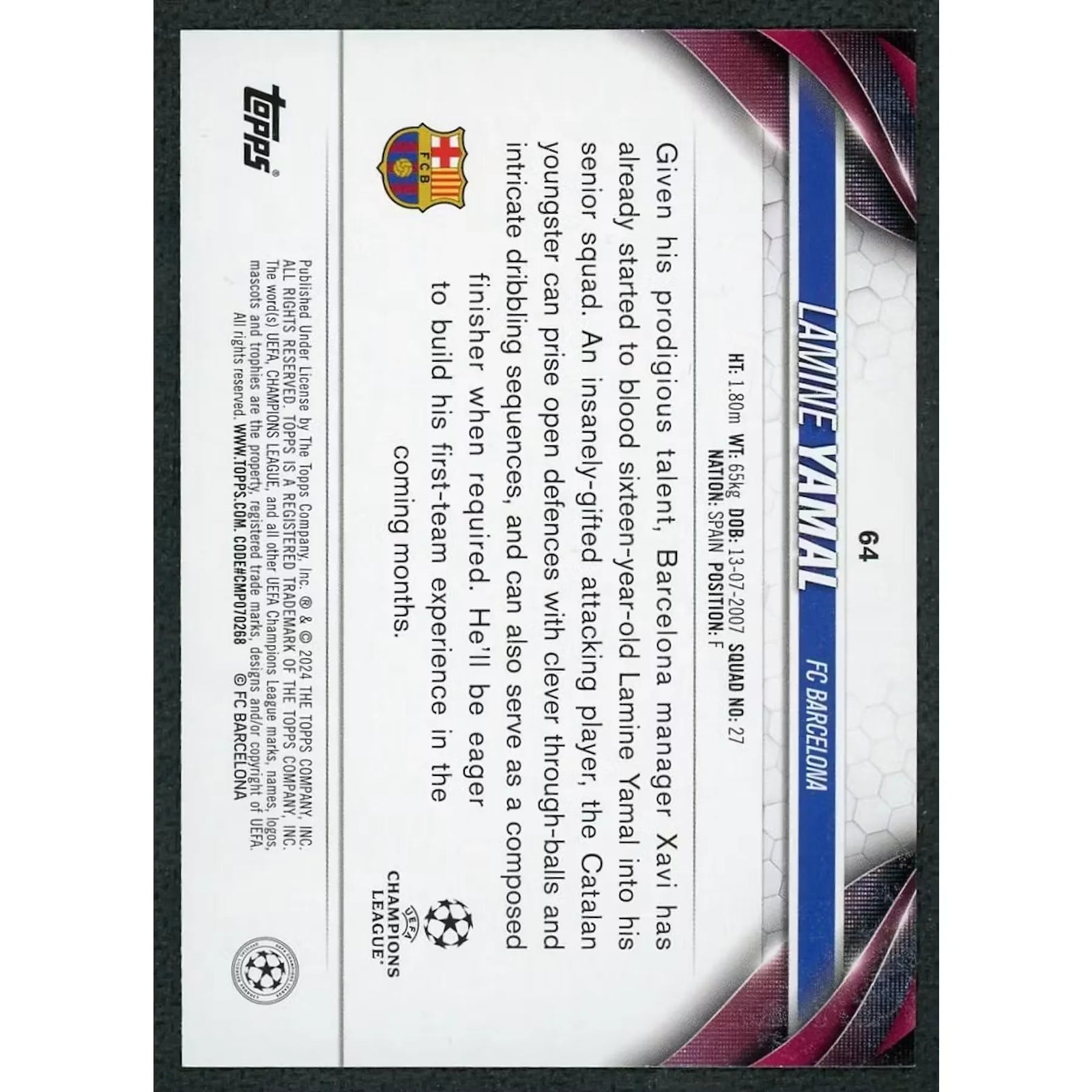 Lamine Yamal 2023-24 Topps UEFA Club Competitions Rookie Gold Starball Foil #64