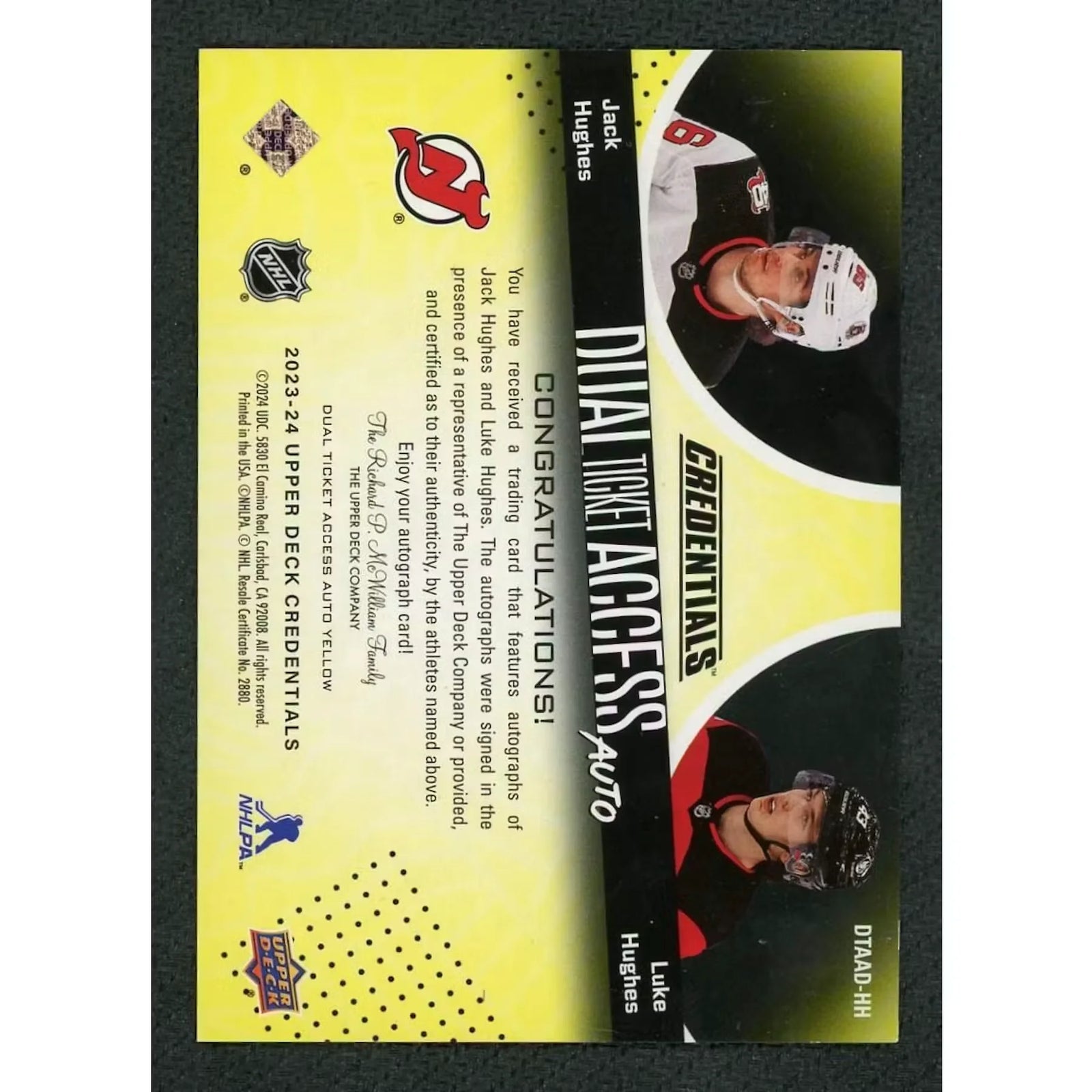 Jack Hughes & Luke Hughes Signed Dual Card | 2023-24 UD Credentials/10