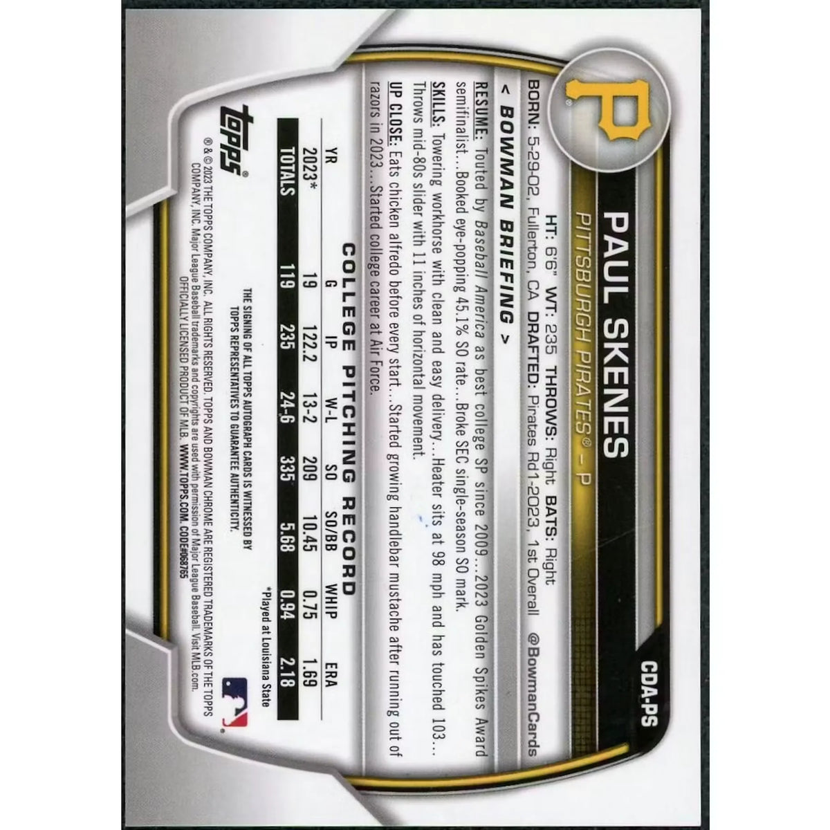 Paul Skenes Signed 2023 Bowman Draft Chrome Prospects Auto Card | CDA-PS | P5913916