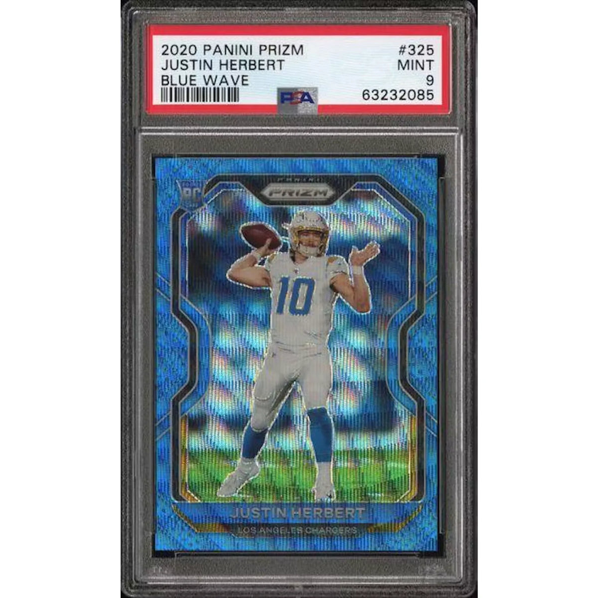 Justin Herbert Signed 2020 Panini Prizm Blue Wave Rookie #325 Card | PSA 9 | P5913993