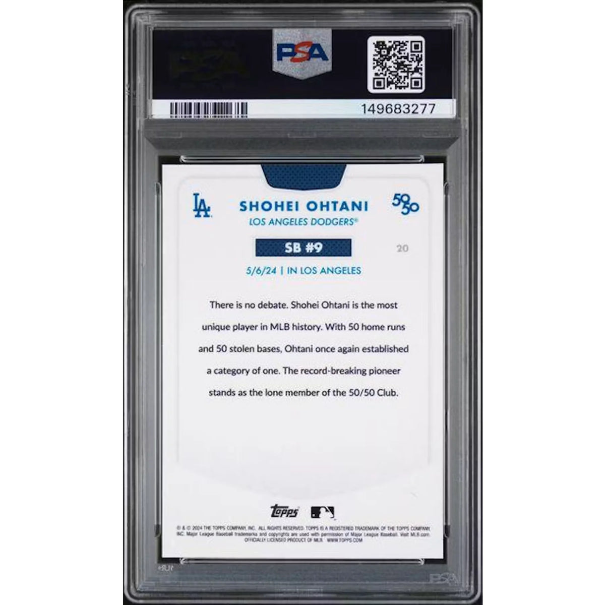 Shohei Ohtani 2024 Topps 50/50 Chrome #20 Card | PSA 9 Aqua Refractor | P5913994