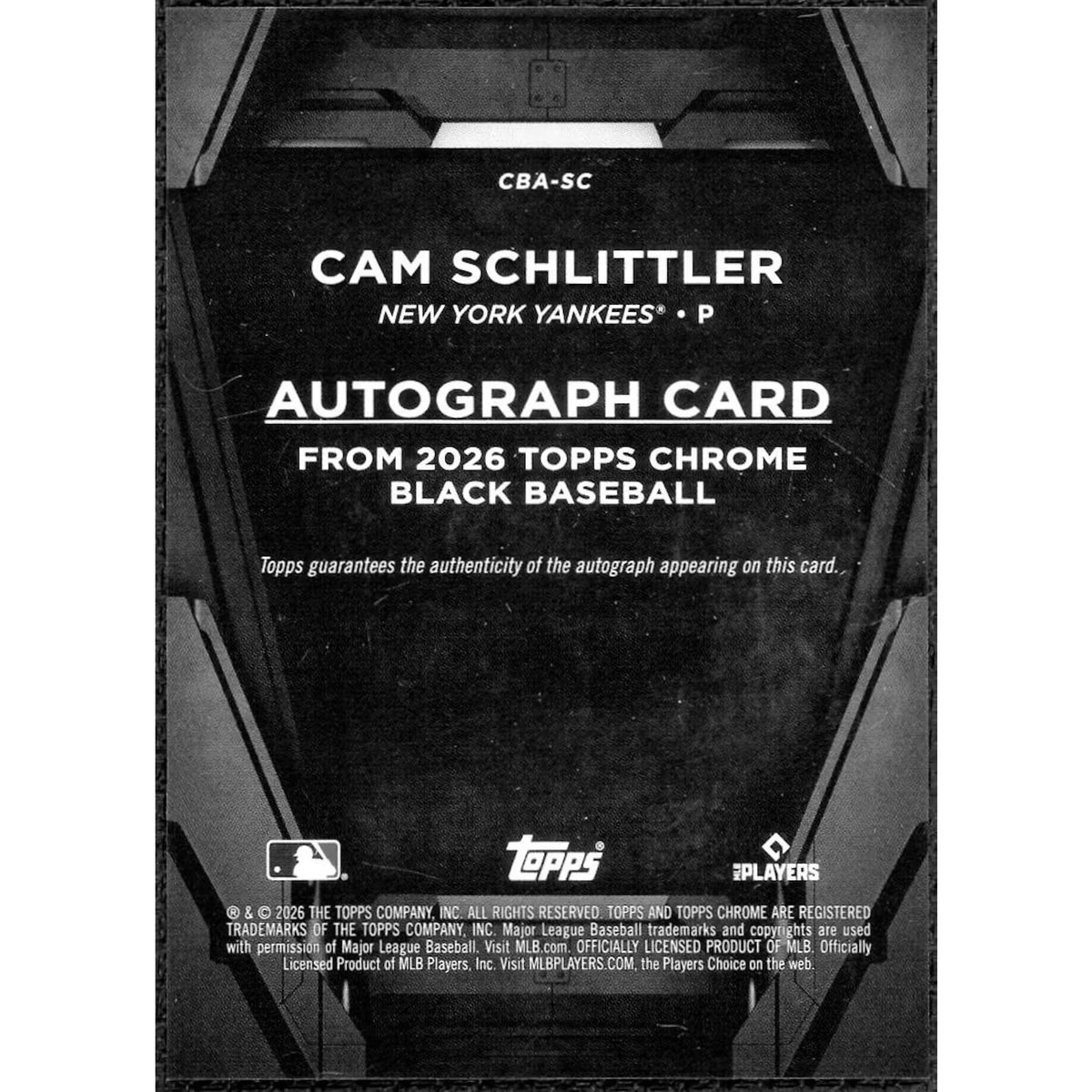 Cam Schlittler Signed 2026 Topps Chrome Black Rookie Auto | #CBA-SC | P5914059