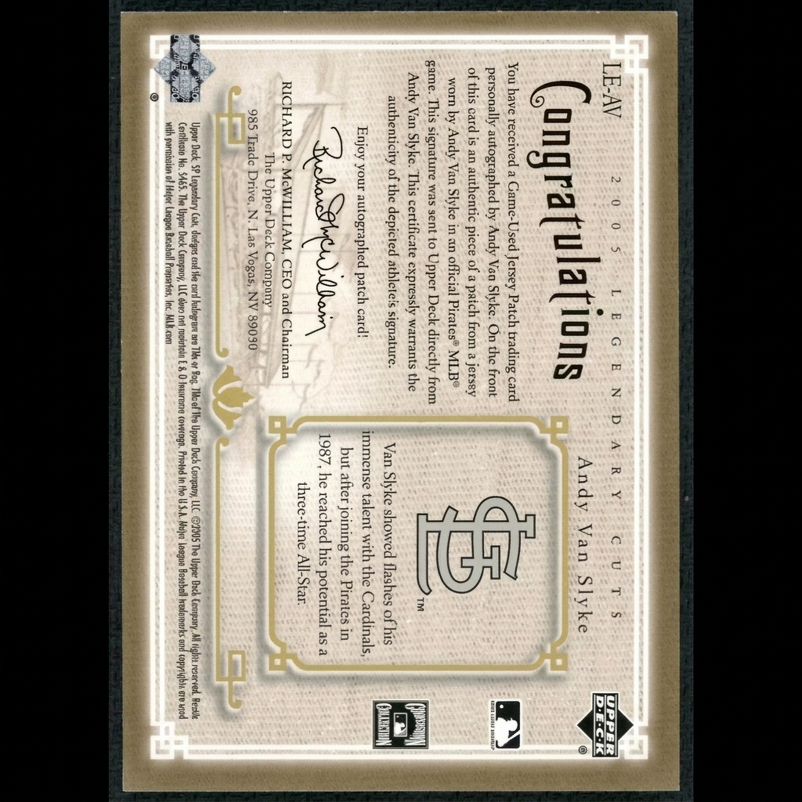Andy Van Slyke Signed Patch Card | 2005 Upper Deck SP Legendary Cuts Auto/5