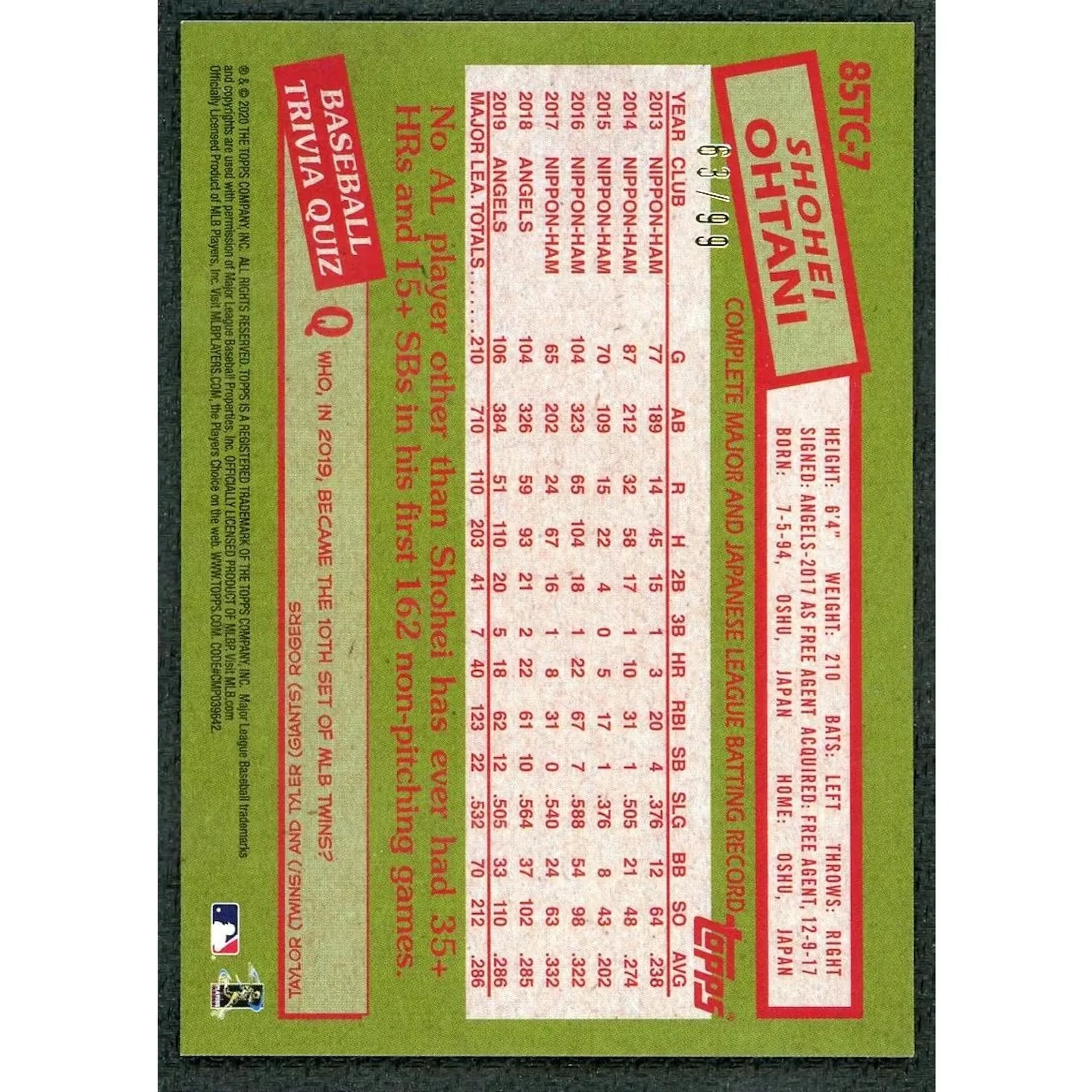 Shohei Ohtani 2020 Topps 1985 Green Refractor Card |/99