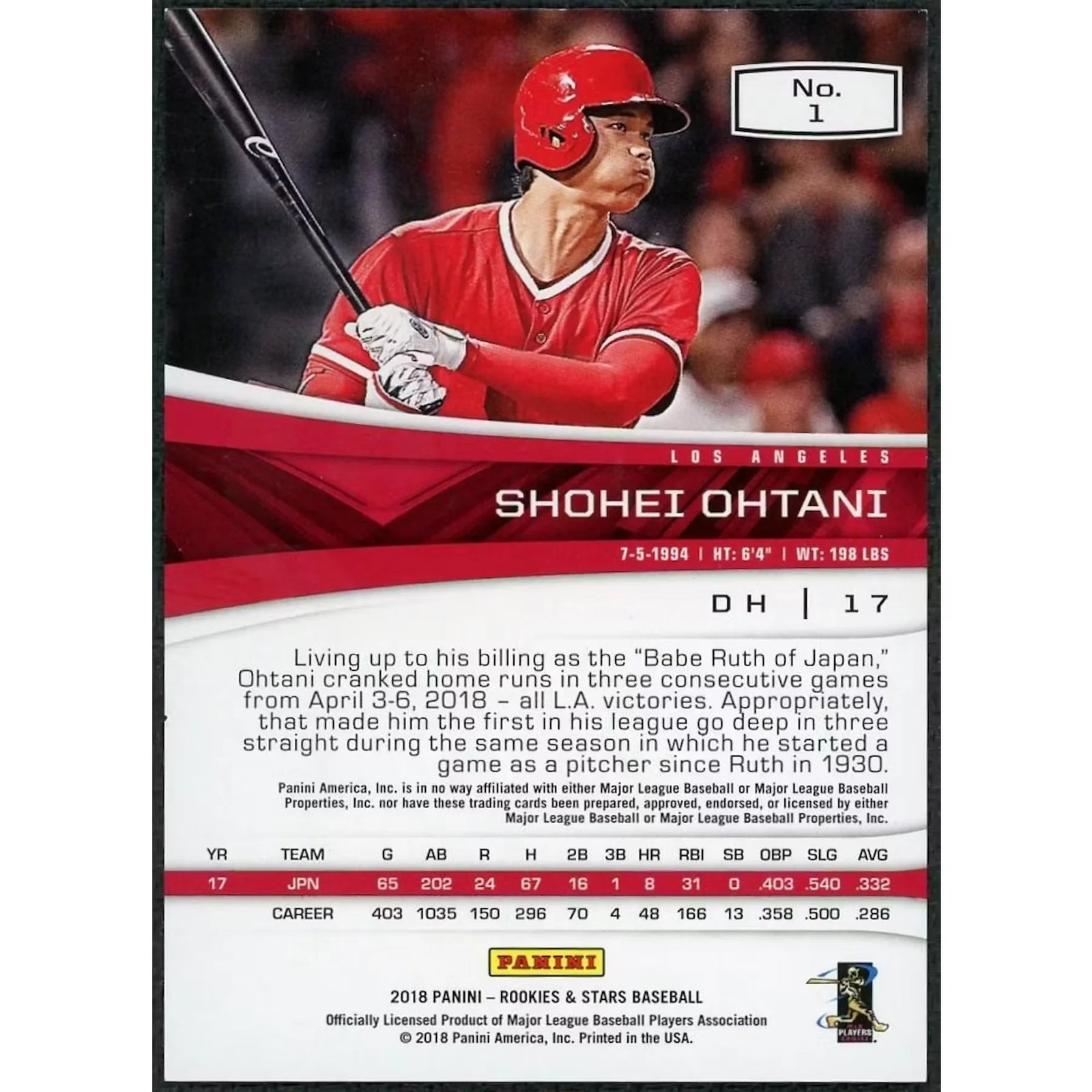 Shohei Ohtani 2018 Panini Rookies & Stars Rookie Card | #1/199