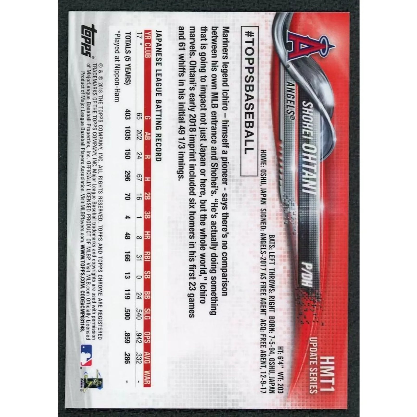 2018 Topps Chrome Update Shohei Ohtani Rookie #HMT1 - D2