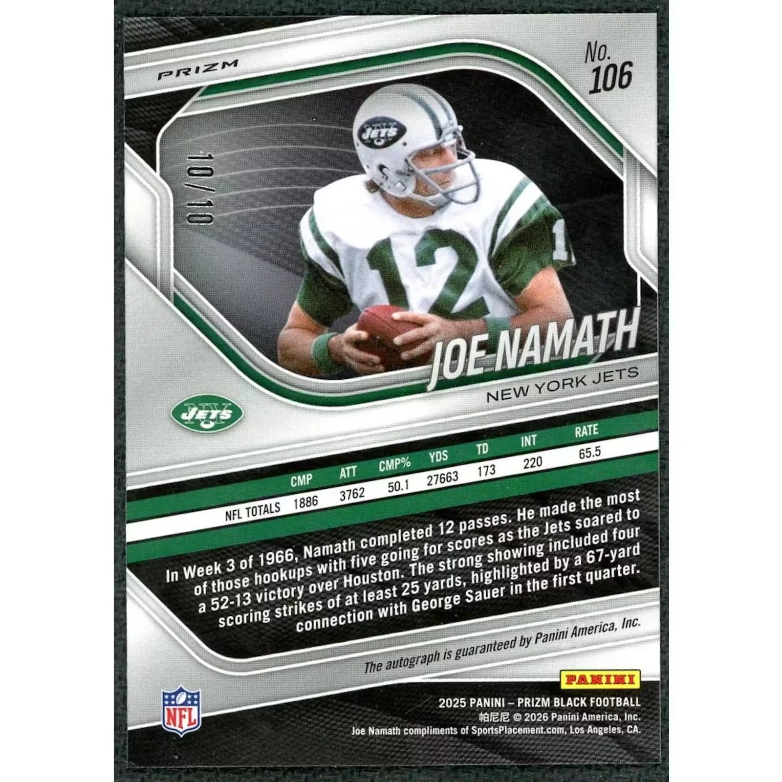 Joe Namath Signed 2025 Panini Prizm Black Card | Gold Shimmer/10
