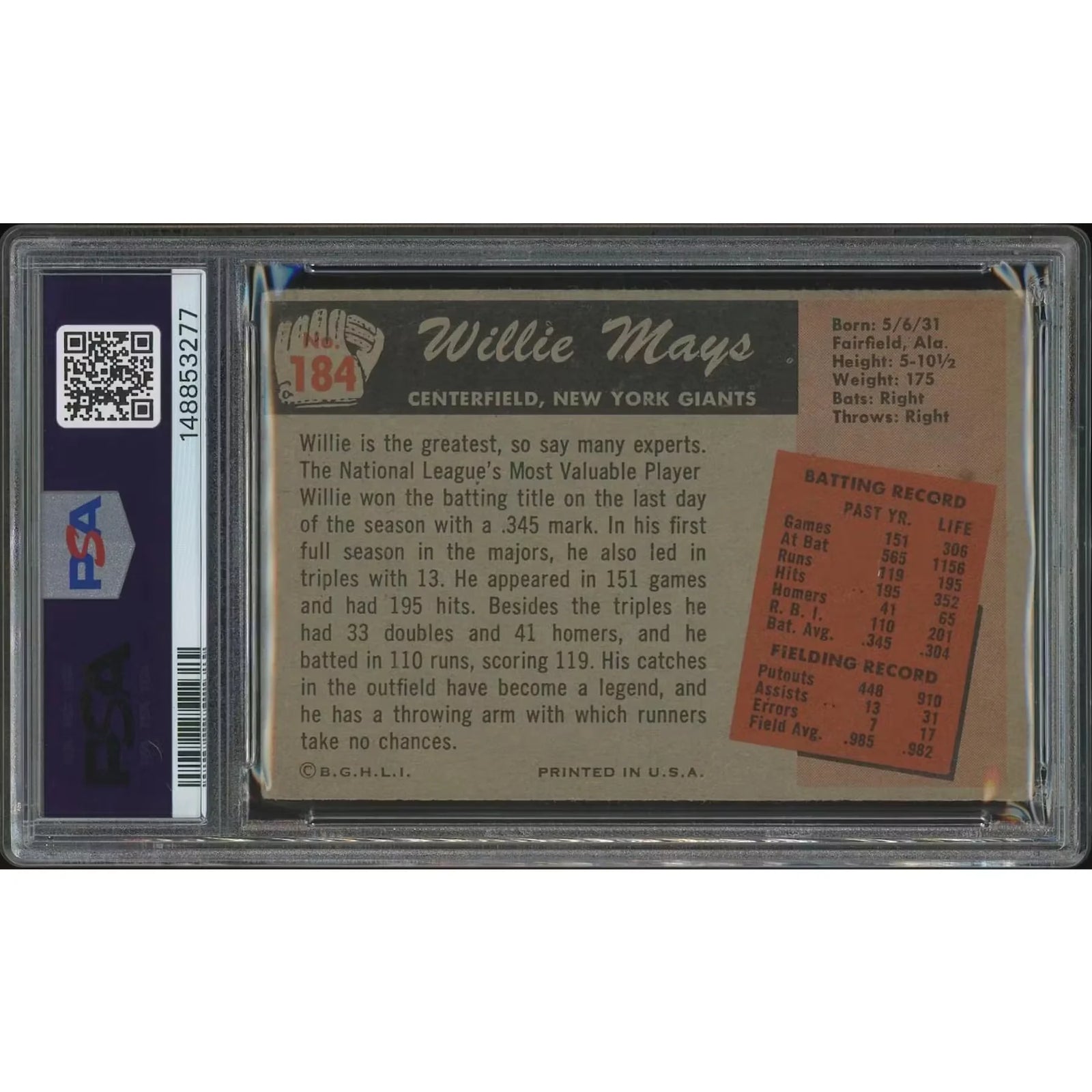 Willie Mays 1955 Bowman Baseball Card #184 | PSA 2