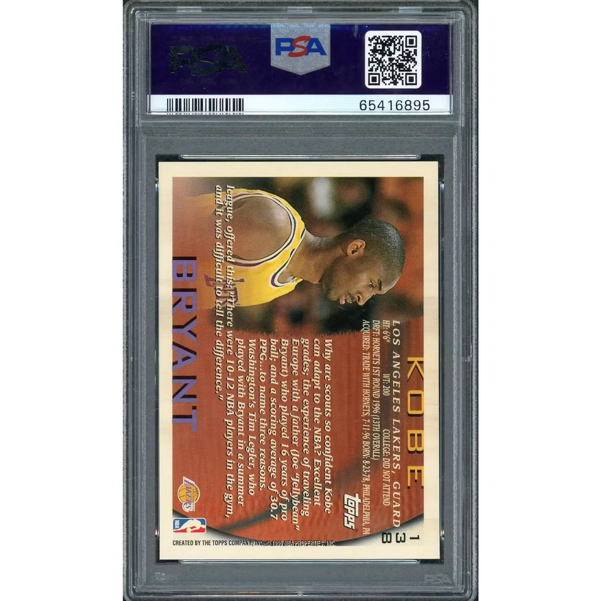1996 Topps Kobe Bryant Rookie #138 PSA 9 - D2 | P5914646