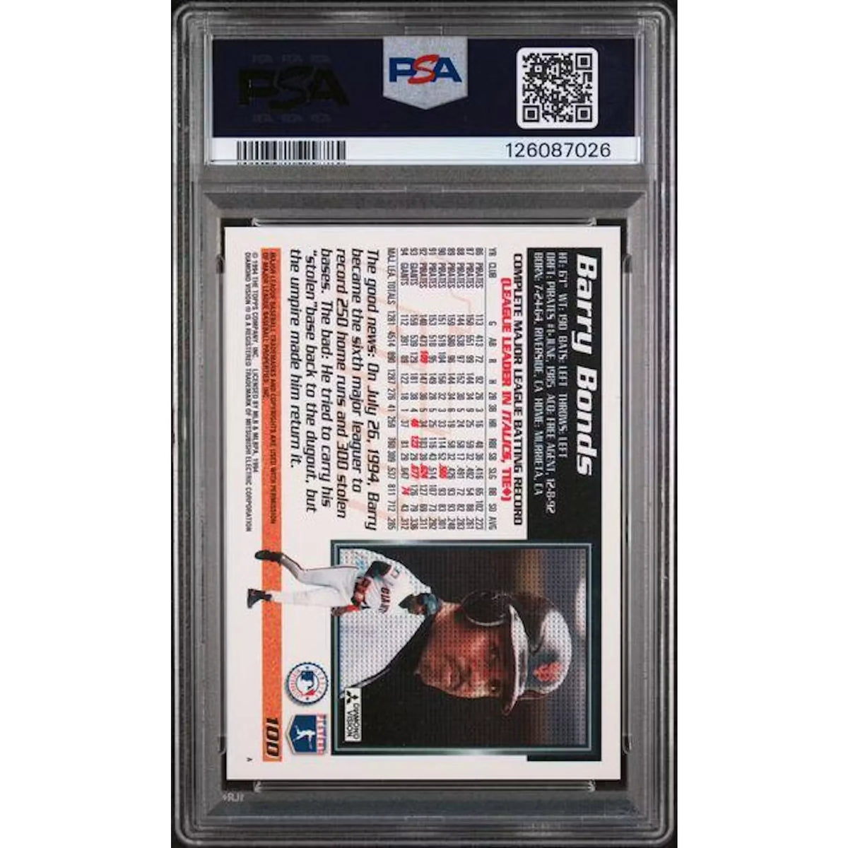 Barry Bonds 1995 Topps Card #100 | PSA 10 Gem Mint | P5914655