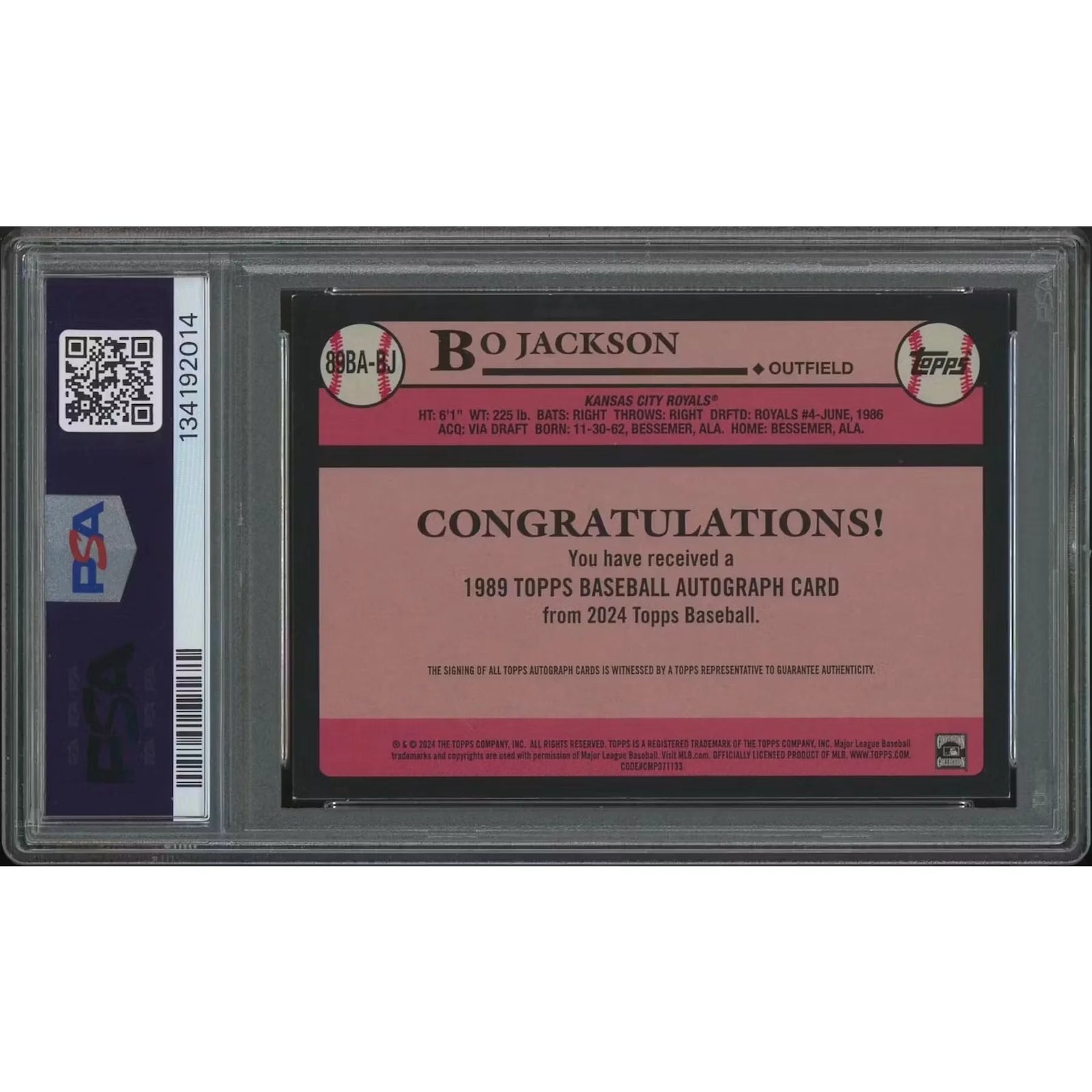 Bo Jackson Signed 1989 2024 Topps Baseball Card | PSA 8 NM-MT