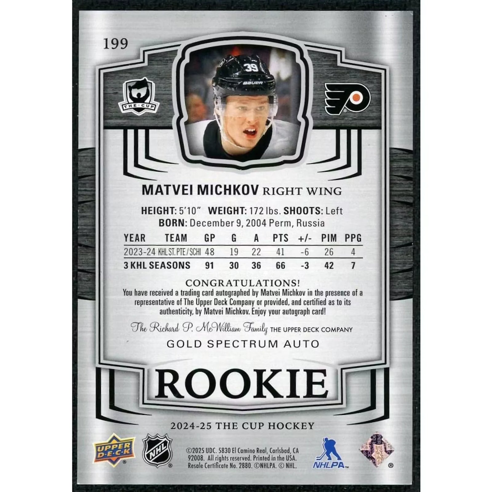 Matvei Michkov 2024-25 Upper Deck The Cup Gold Spectrum Foil Rookie Auto/36