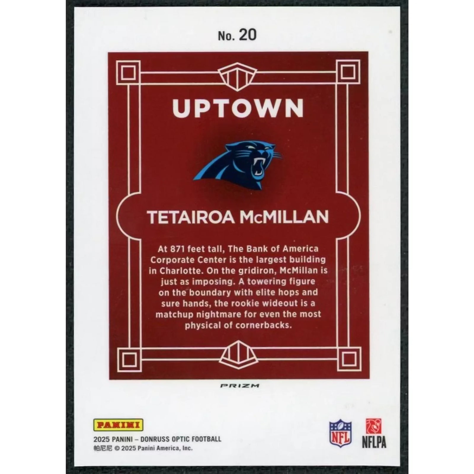 Tetairoa McMillan 2025 Panini Donruss Optic Rookie Card | Uptown #20