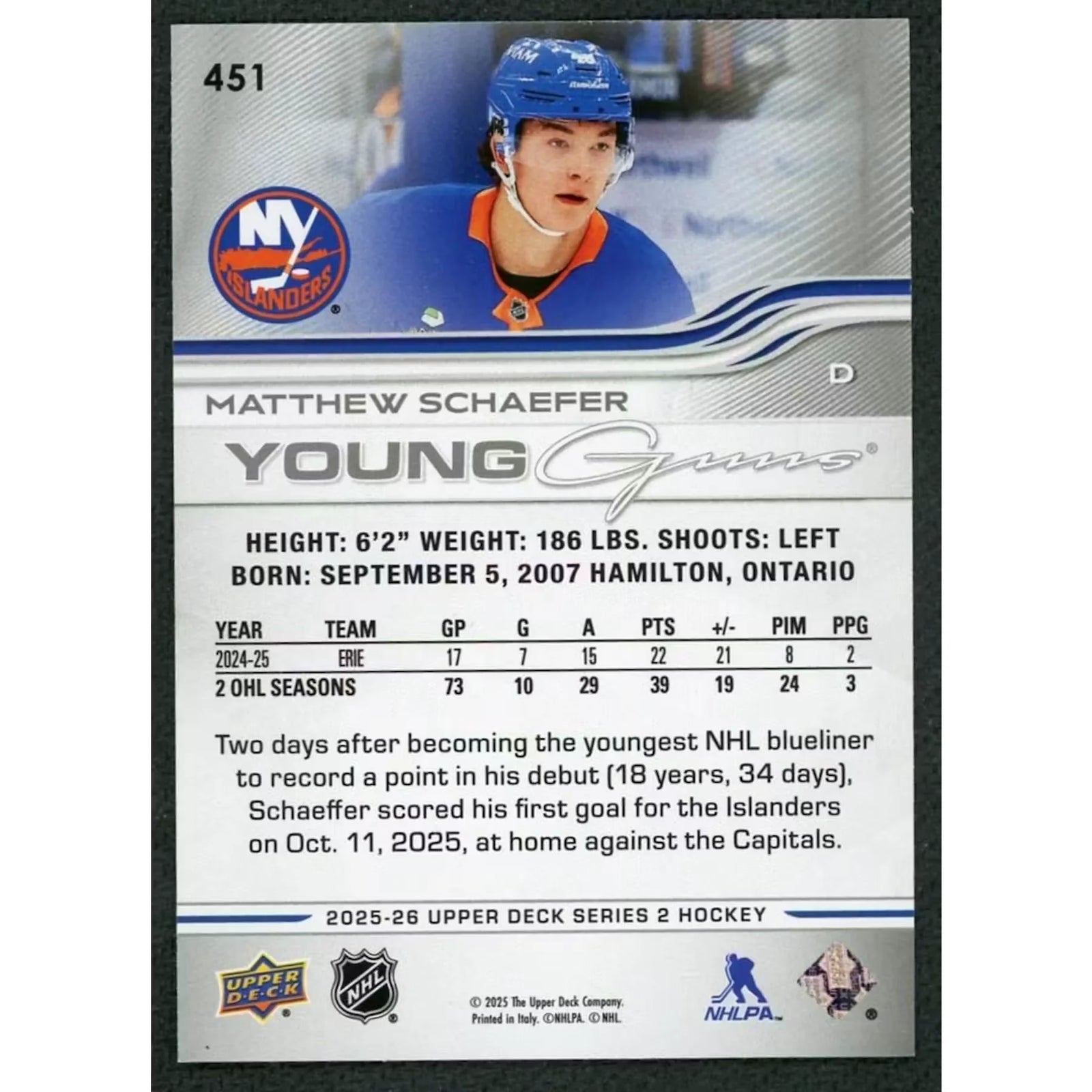 Matthew Schaefer 2025-26 Upper Deck Series 2 Young Guns #451