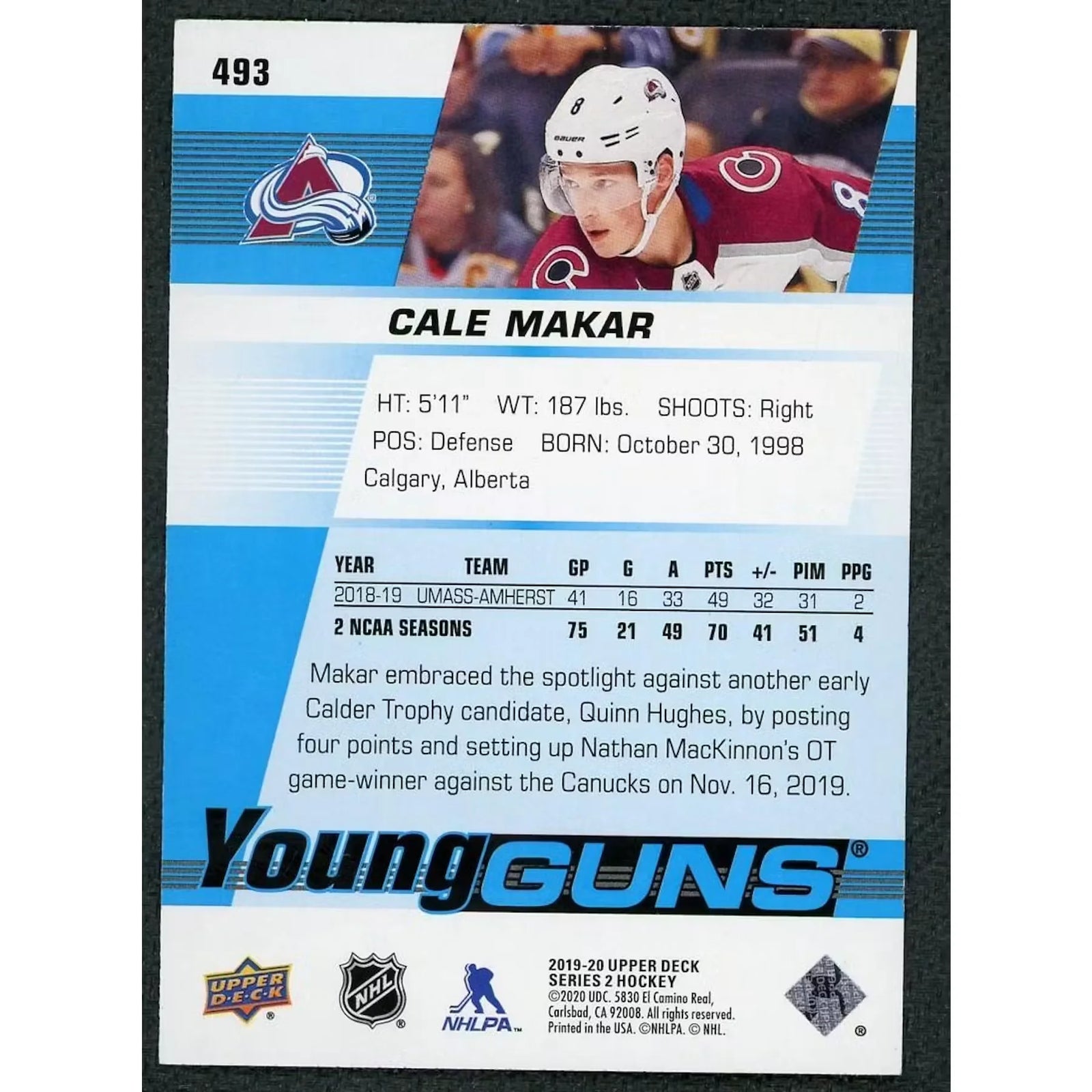 Cale Makar 2019 Upper Deck Young Guns Rookie Card | #493