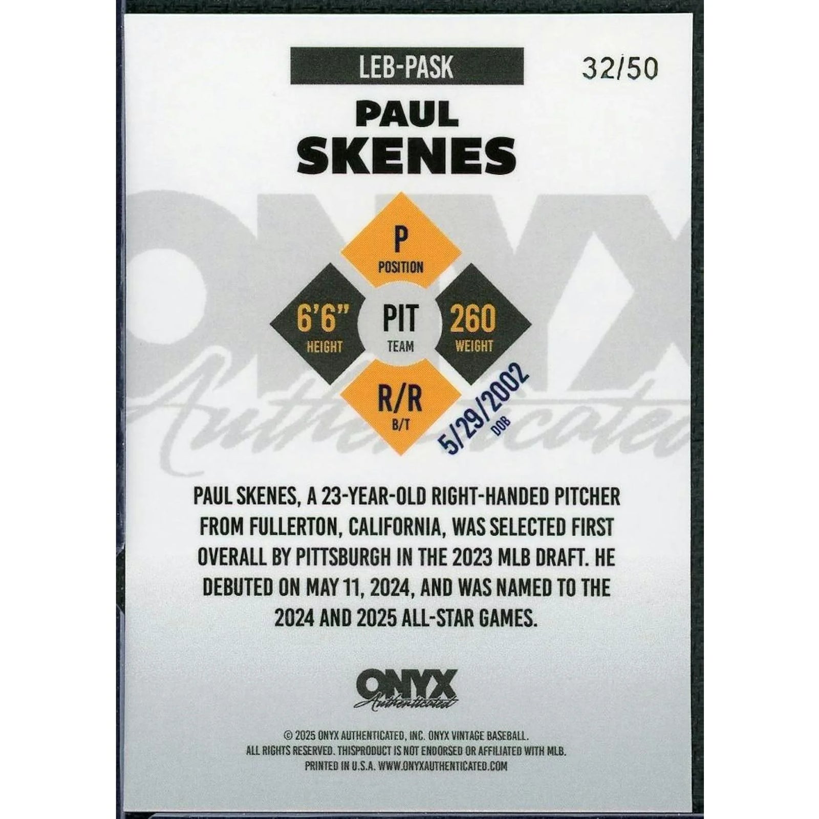 Paul Skenes Signed 2025 Onyx Limited Edition Card | Auto/50