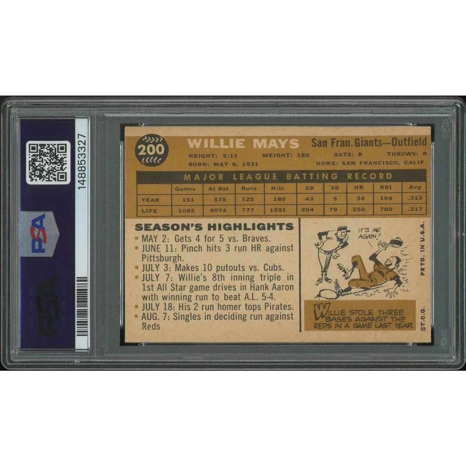 Willie Mays 1960 Topps Baseball Card #200 | PSA 4 VG-EX