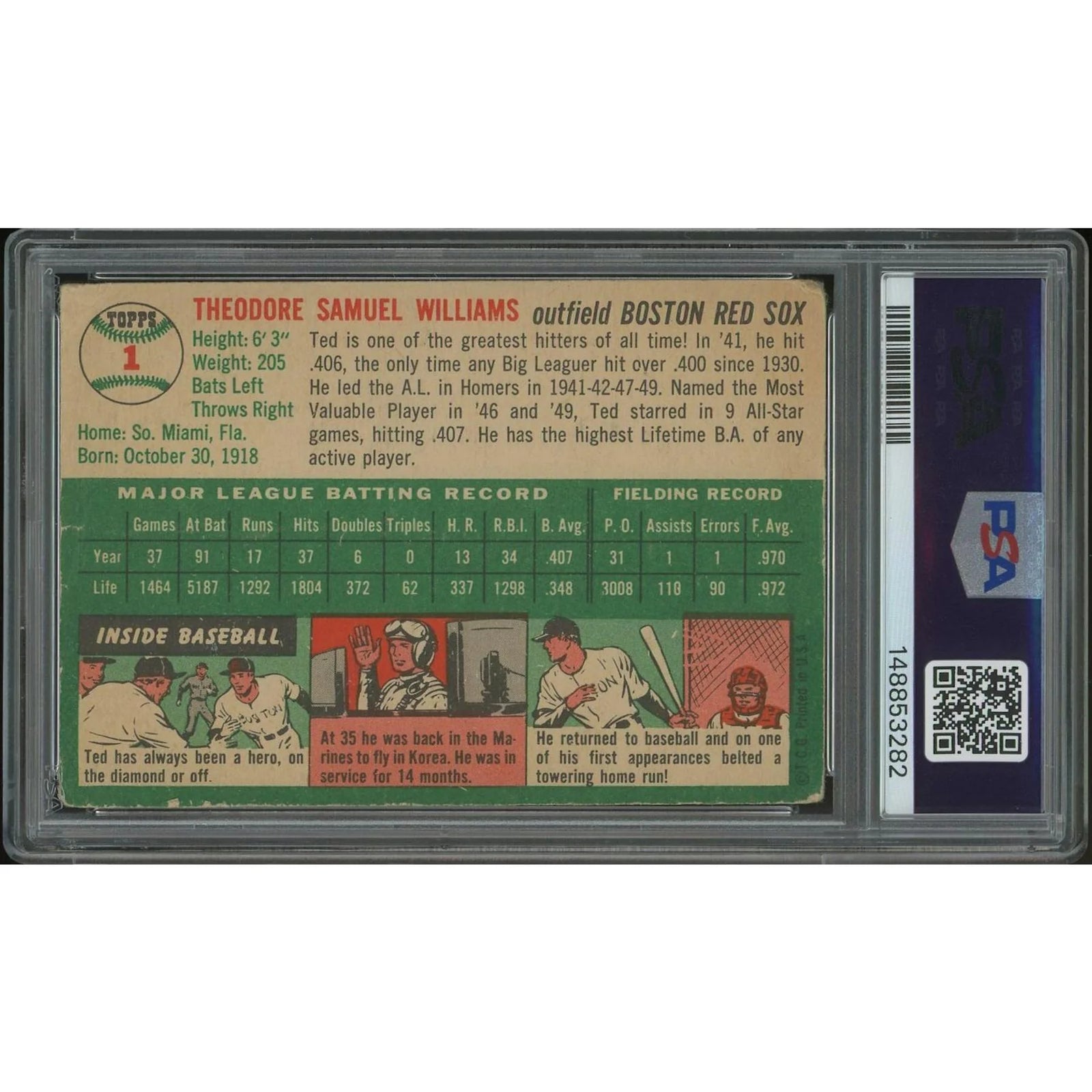 1954 Topps Baseball Ted Williams #1 Card | PSA 1 (PR)