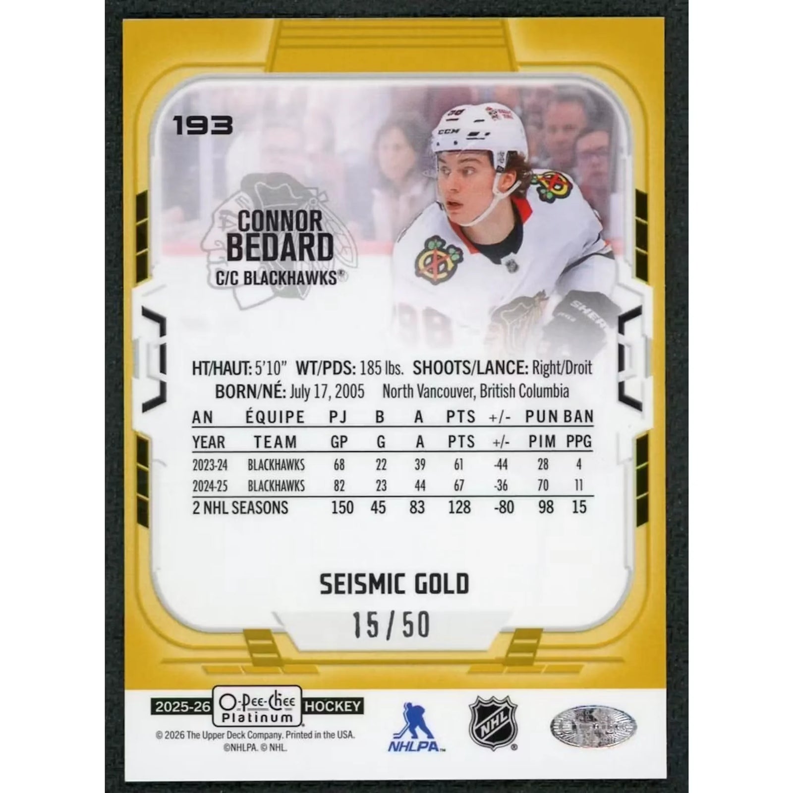 Connor Bedard 2025-26 O-Pee-Chee Platinum #193 Card | Seismic Gold/50