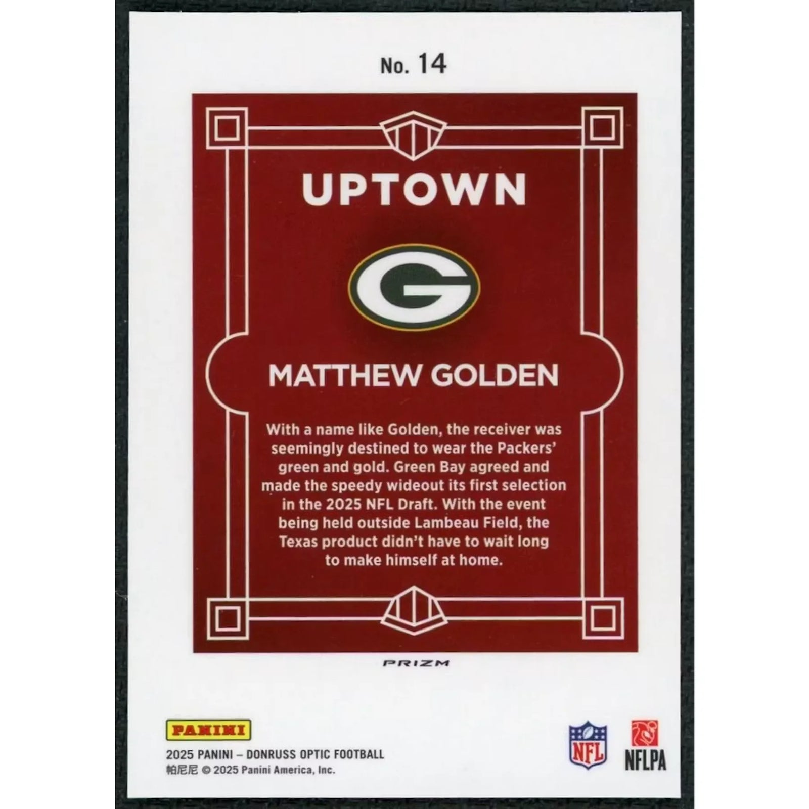 Matthew Golden 2025 Panini Donruss Optic Rookie Card | Uptown #14