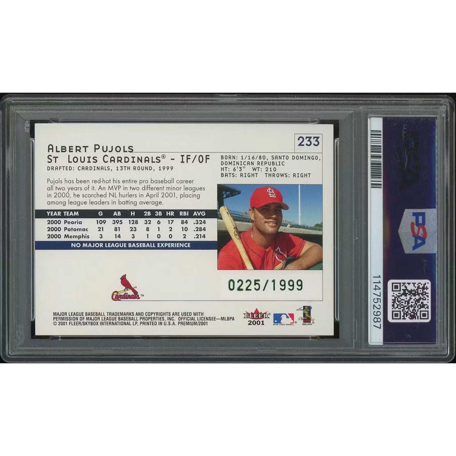 Albert Pujols 2001 Fleer Premium Rookie Card #233 | 1999 PSA 8 NM-MT