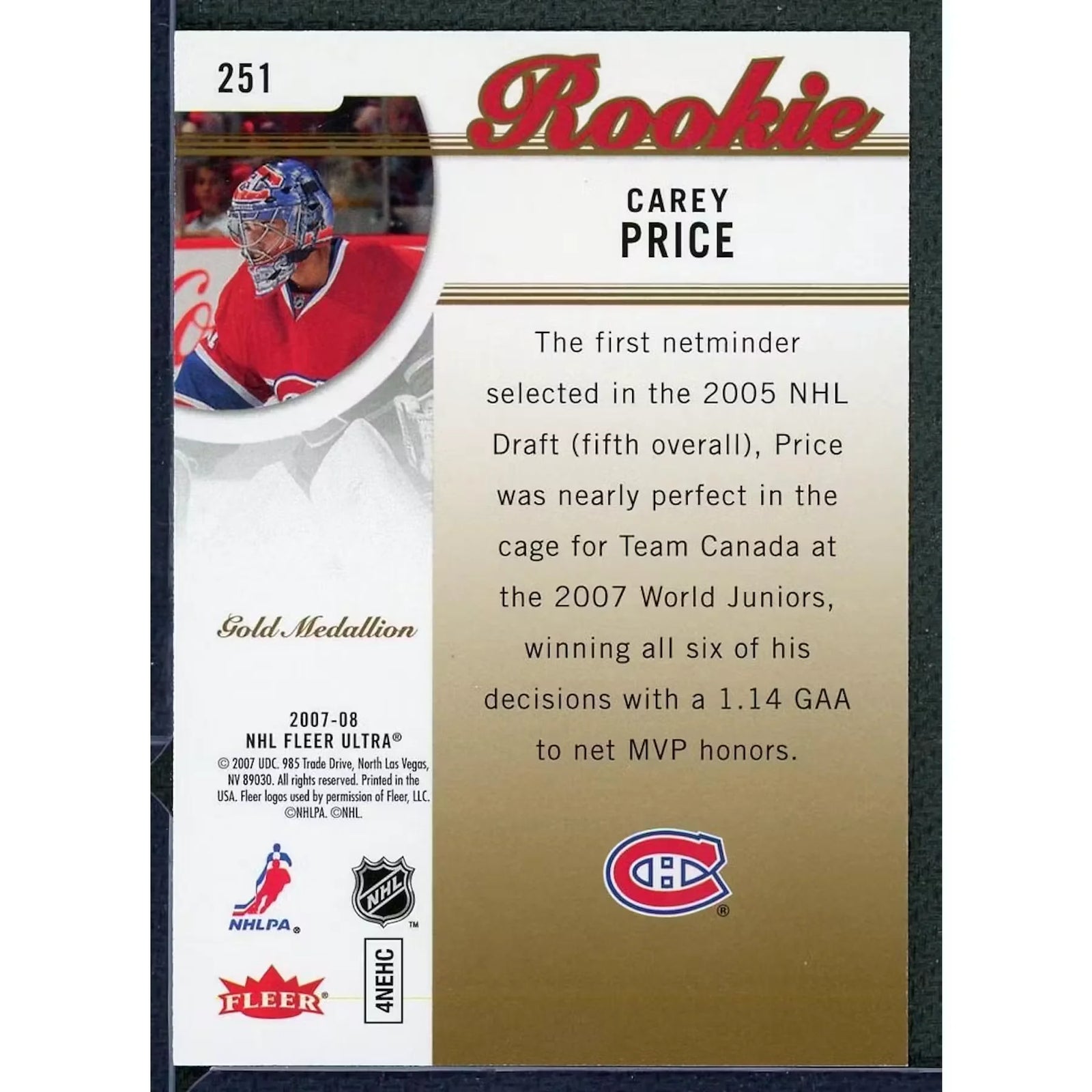 Carey Price 2007-08 Fleer Ultra Rookie Gold Medallion #251