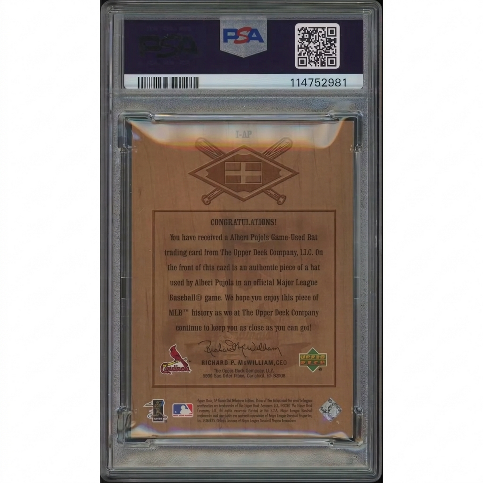 2001 Upper Deck SP Game Bat Milestone #IAP Albert Pujols Piece of Action International Rookie Bat PSA 8