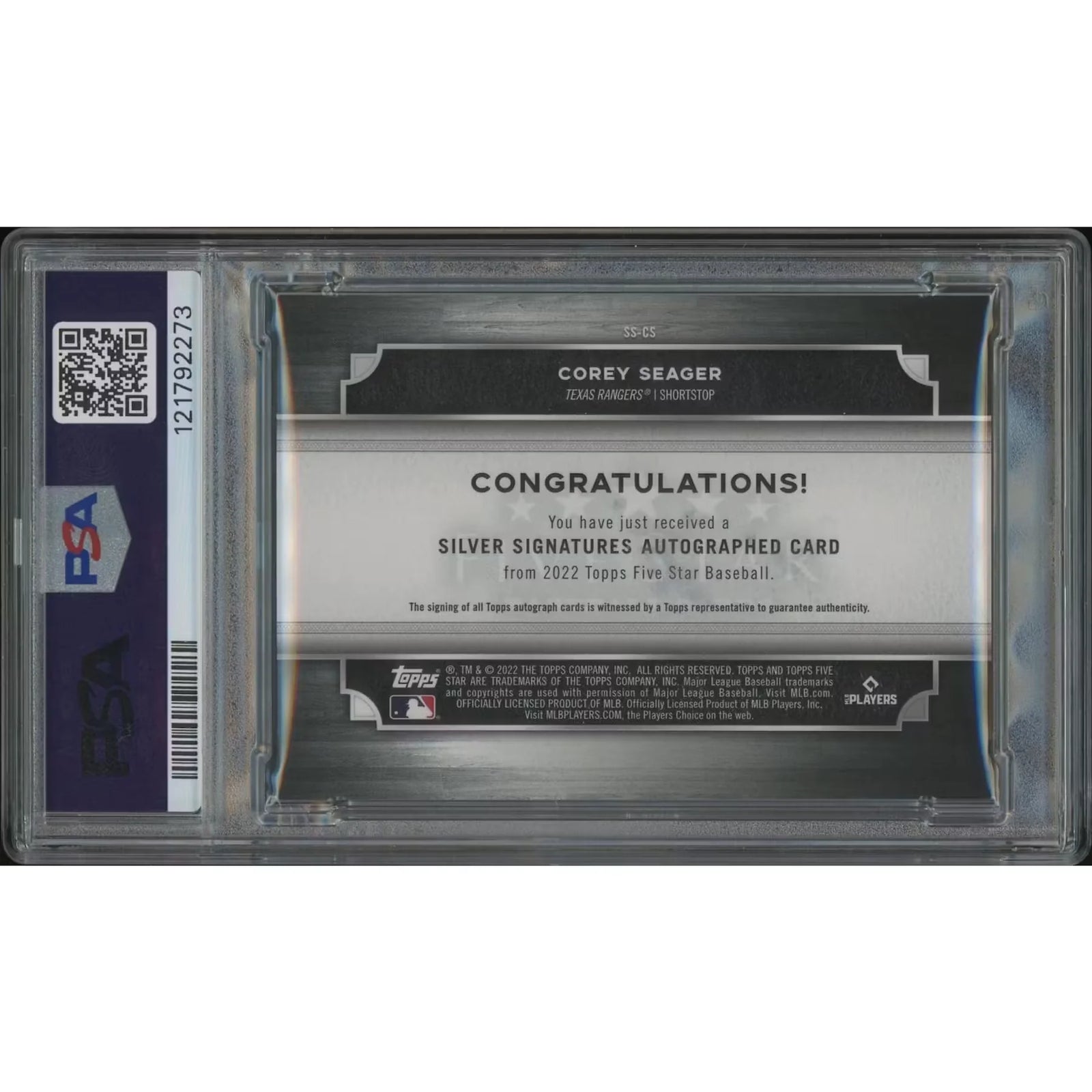 Corey Seager Signed 2022 Topps Five Star #09 Card | PSA 8 NM-MT