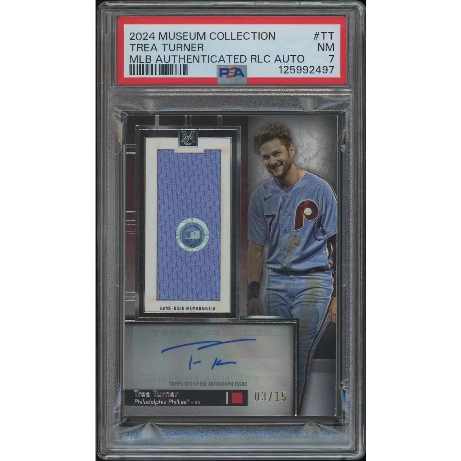Trea Turner Signed 2024 Topps Museum Collection Card | Jersey Auto #03/15 PSA 7