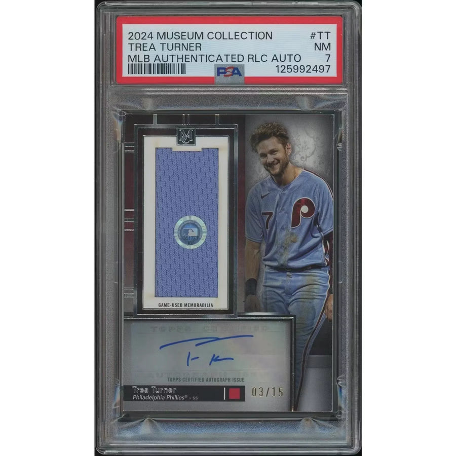 Trea Turner Signed 2024 Topps Museum Collection Card | Jersey Auto #03/15 PSA 7