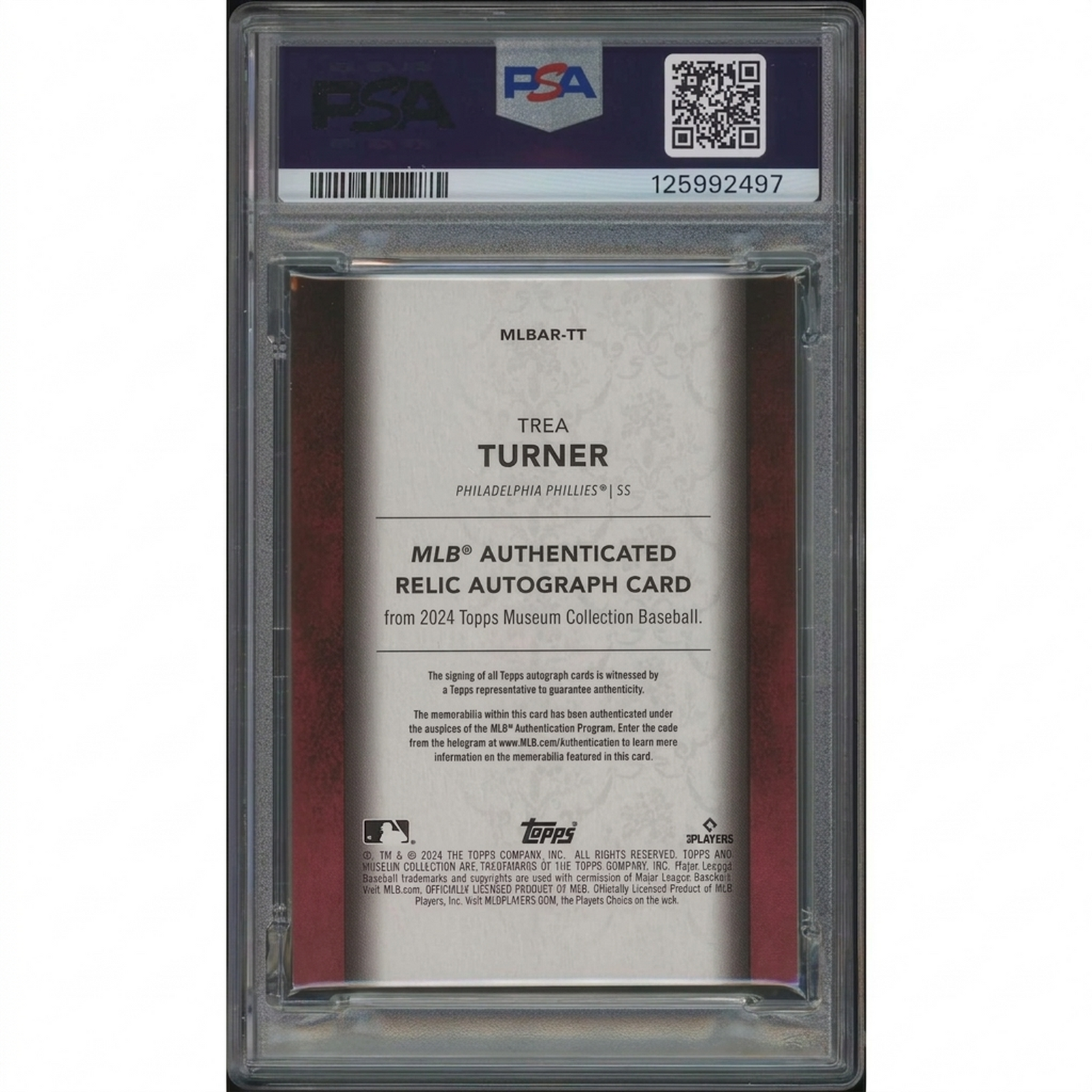 Trea Turner Signed 2024 Topps Museum Collection Card | Jersey Auto #03/15 PSA 7