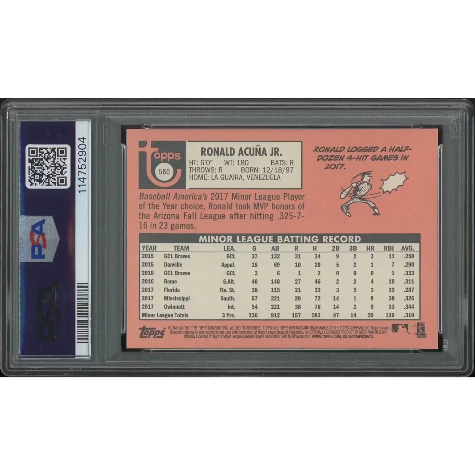 Ronald Acuna Jr 2018 Topps Heritage Rookie Card #580 | PSA 10 Gem Mint