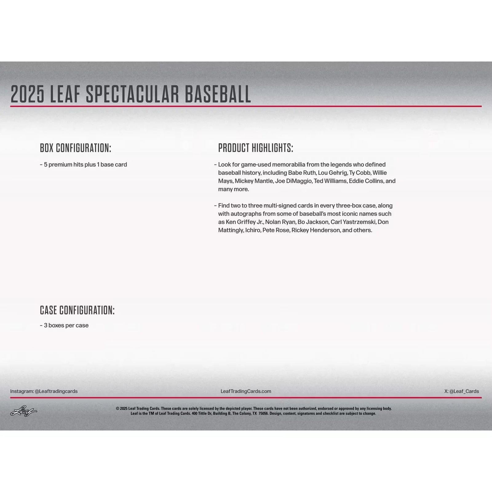 2025 Leaf Spectacular Baseball Hobby 3-Box Case (Ships Sealed Only)