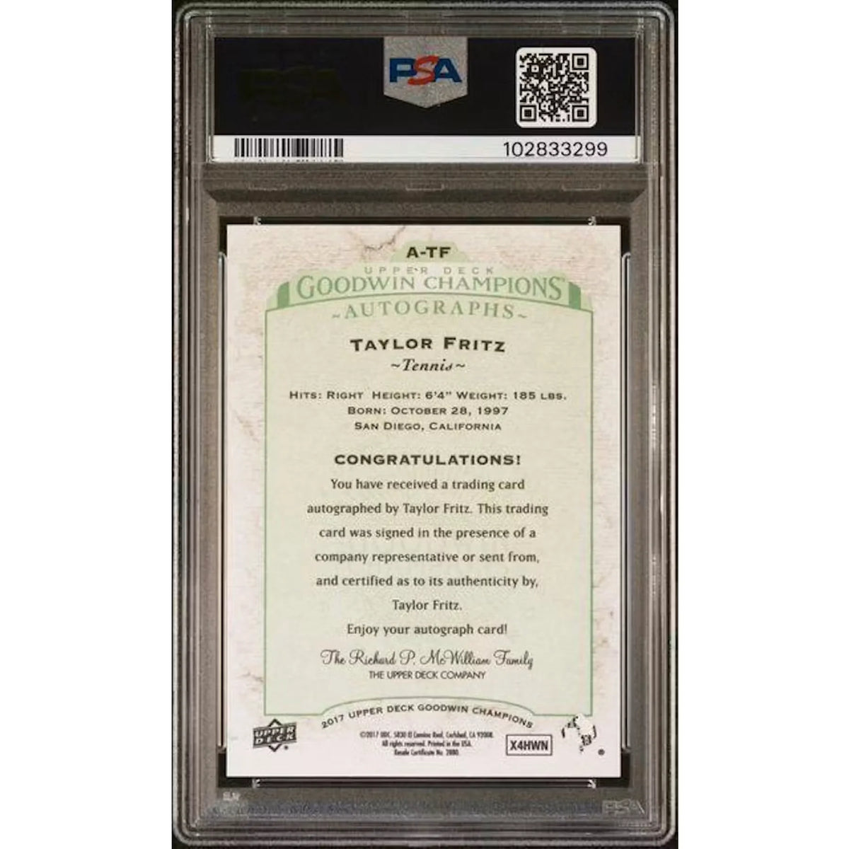 Taylor Fritz Signed 2017 Upper Deck Goodwin Champions Card | PSA 10 | P5946513