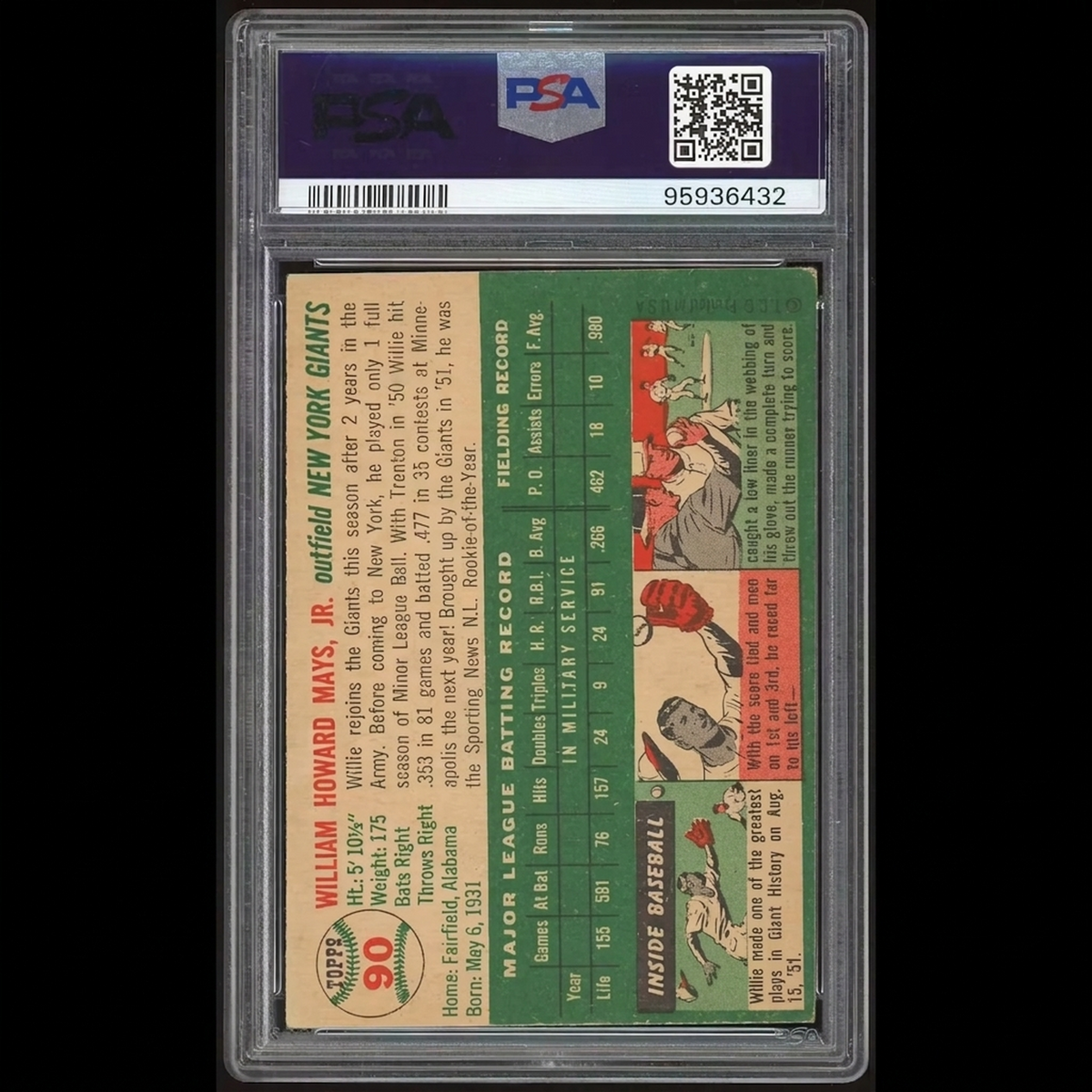 1954 Topps #90 Willie Mays PSA 4 Graded Card - D2 | P6053220