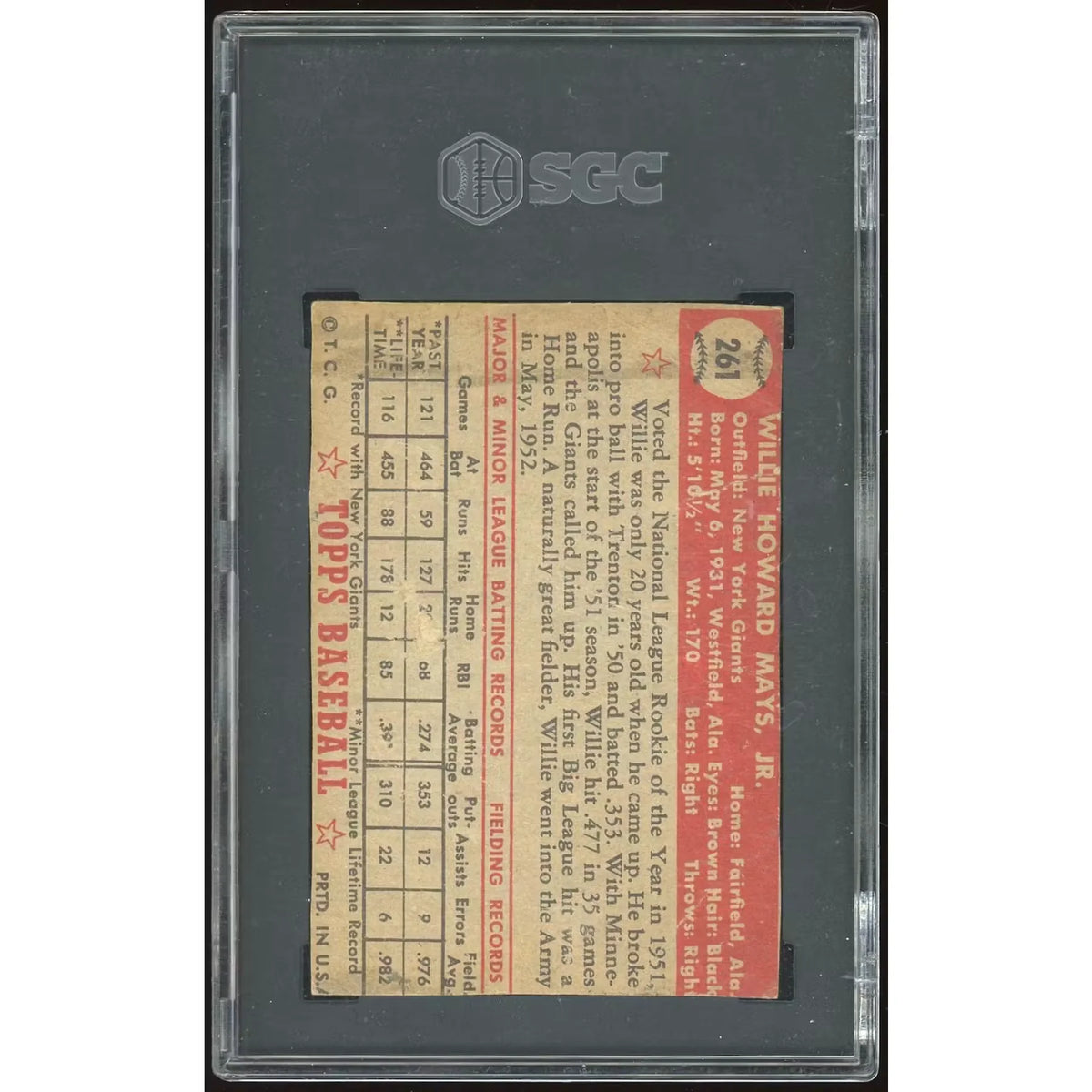 1952 Topps #261 Willie Mays Card | SGC Authentic | P6053229