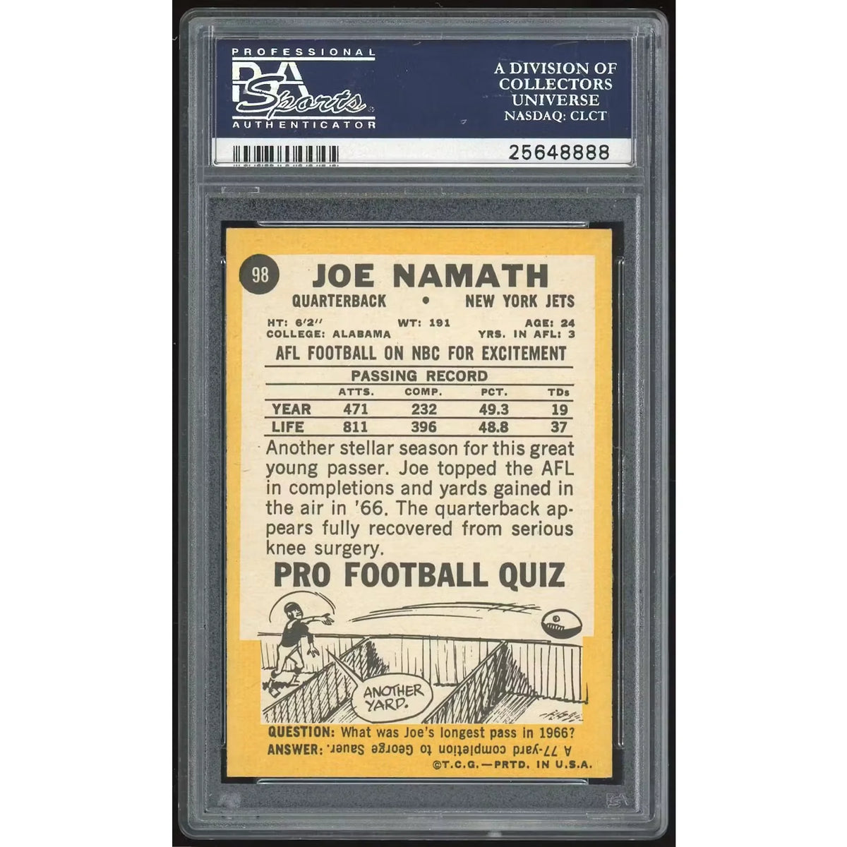 Joe Namath 1967 Topps #98 Card | PSA 7 | P6053463