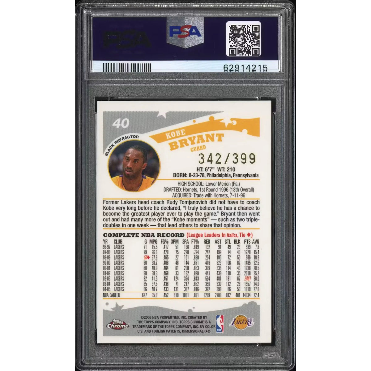 Kobe Bryant 2005-06 Topps Chrome Black Refractor #40 | PSA 8 | P6057769
