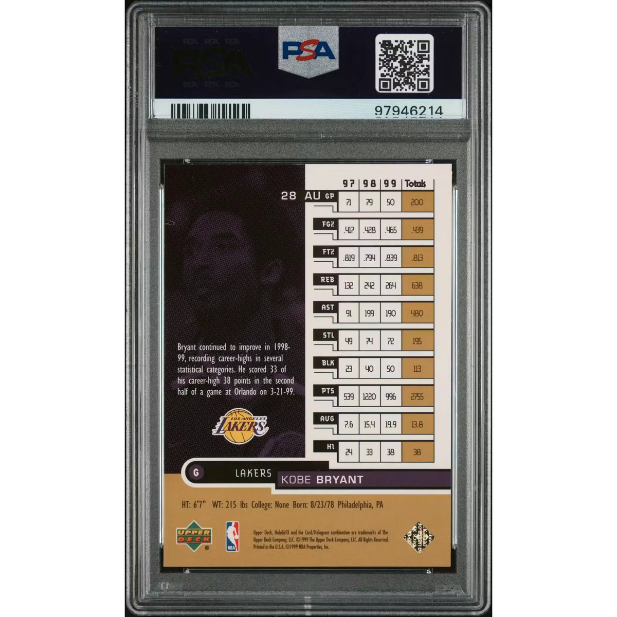 1999 Upper Deck Hologrfx Kobe Bryant Ausome #28 | PSA 9 | P6058140