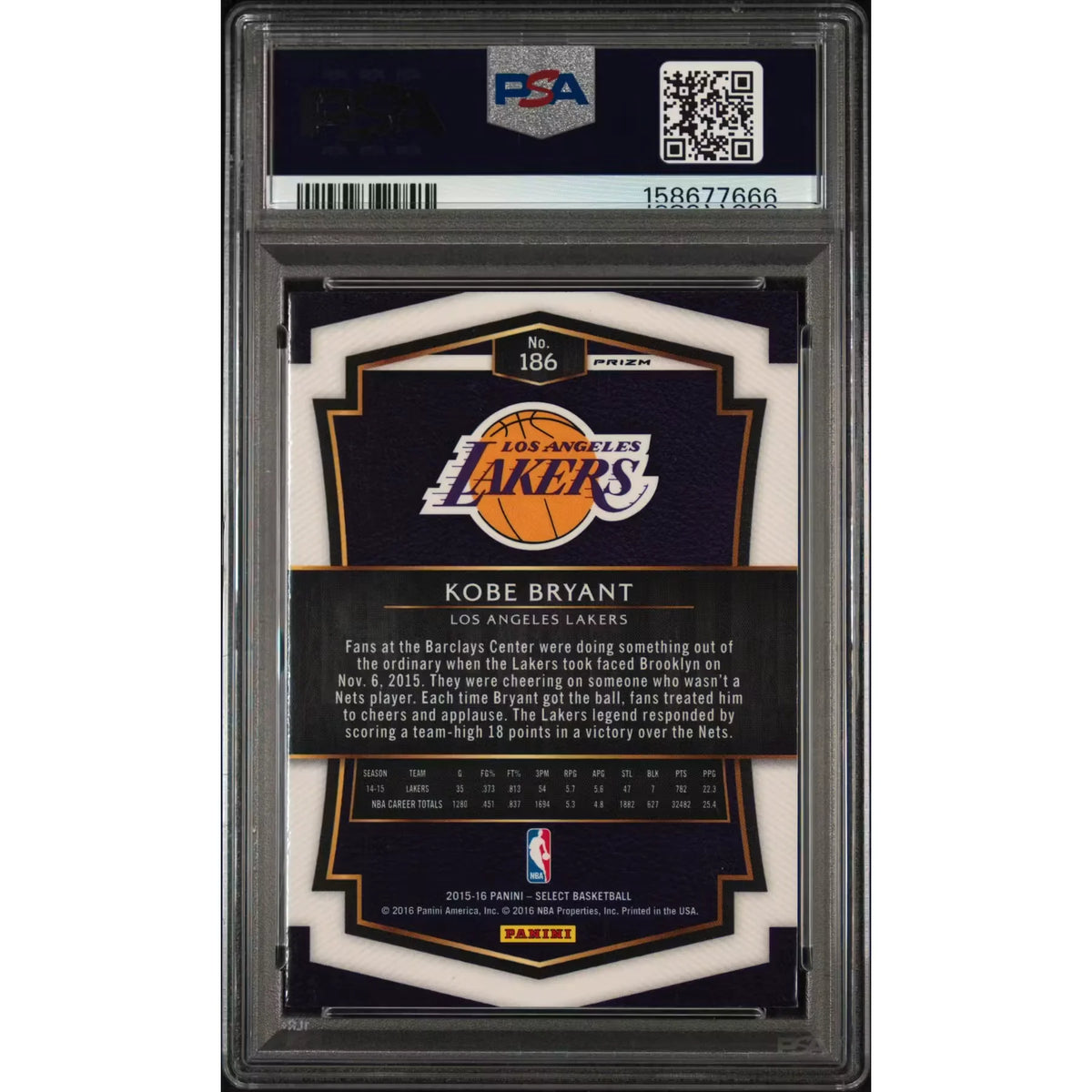 Kobe Bryant 2015 Panini Select Tri-Color Prizm #186 | PSA 9 | P6058225