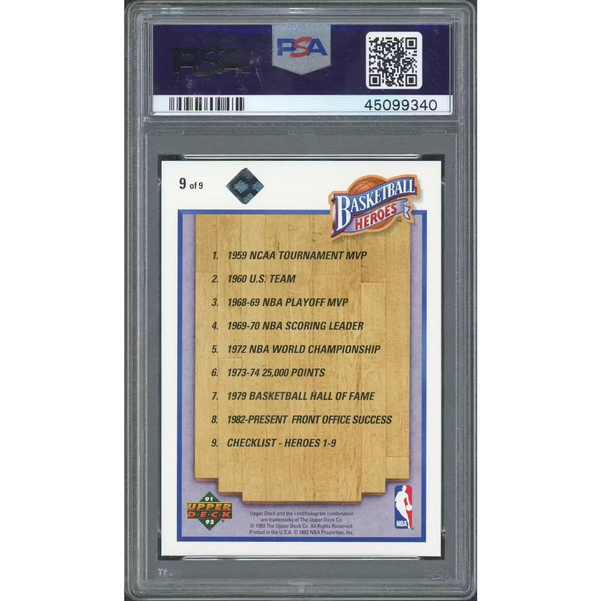 Jerry West Signed 1991 Upper Deck Heroes Card | PSA 9 | P6058232