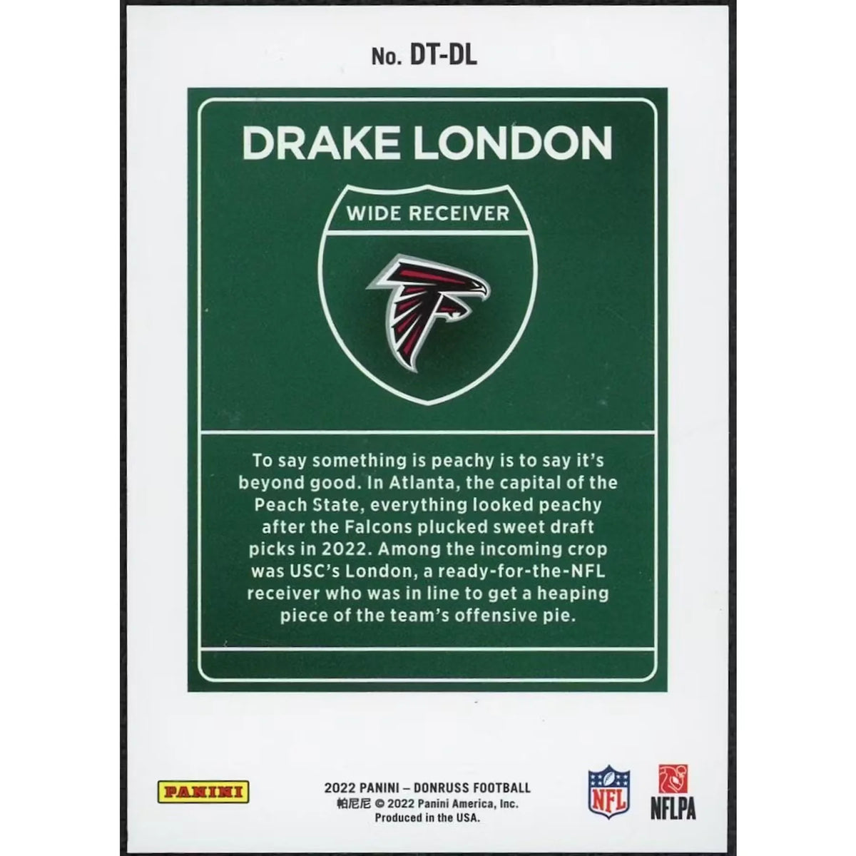 Drake London 2022 Panini Donruss Rookie Downtown Card | #DT-DL | P6058279